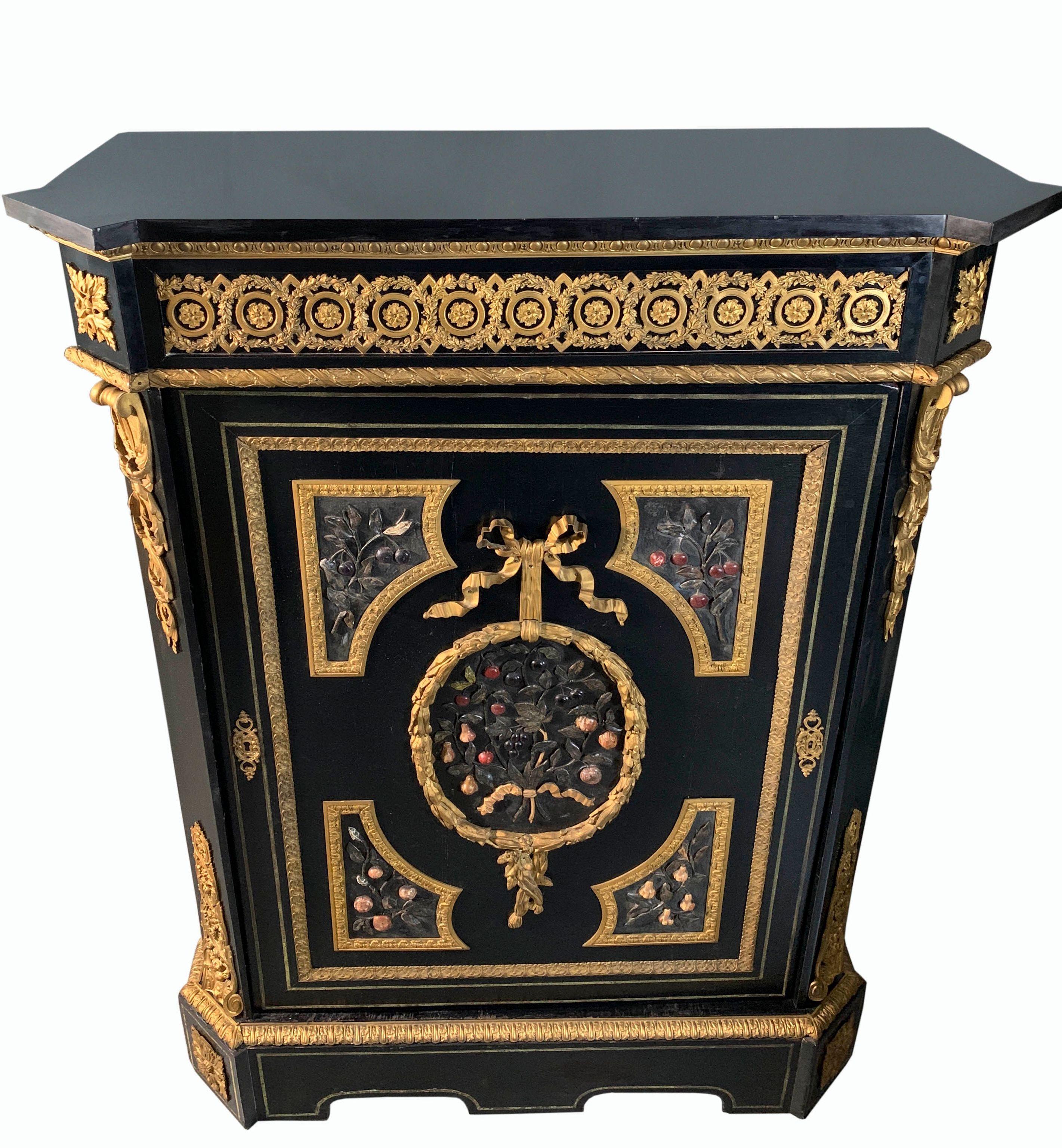 A VERY FINE ANTIQUE EBONIZED WOOD & ORMOLU MOUNTED PIETRA-DURA CABINET

France, Late 19th Century


Height: 53
