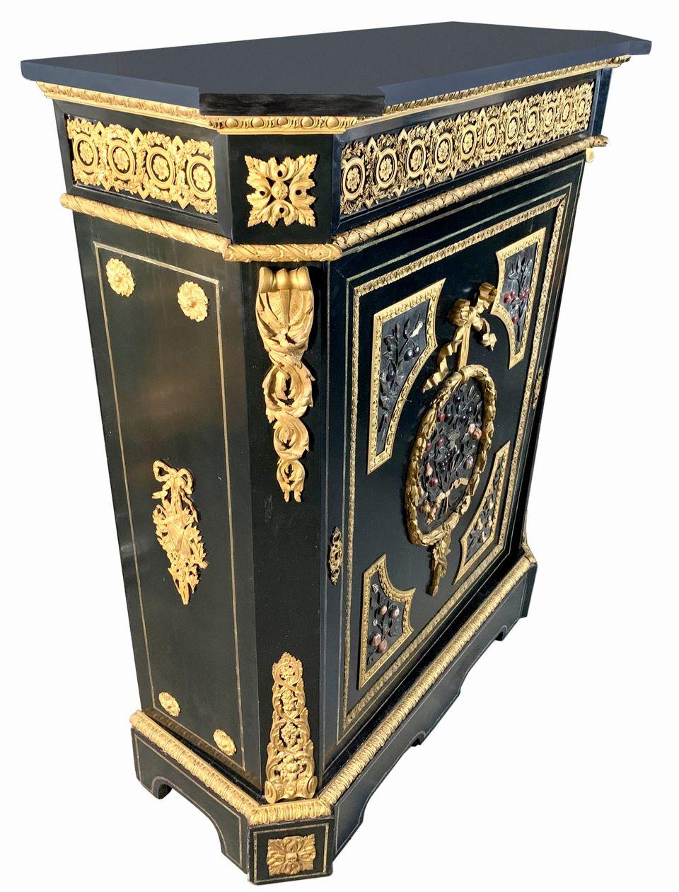 Napoleon III A Very Fine Antique Ebonized Wood & Ormolu Mounted Pietra Dura Cabinet For Sale