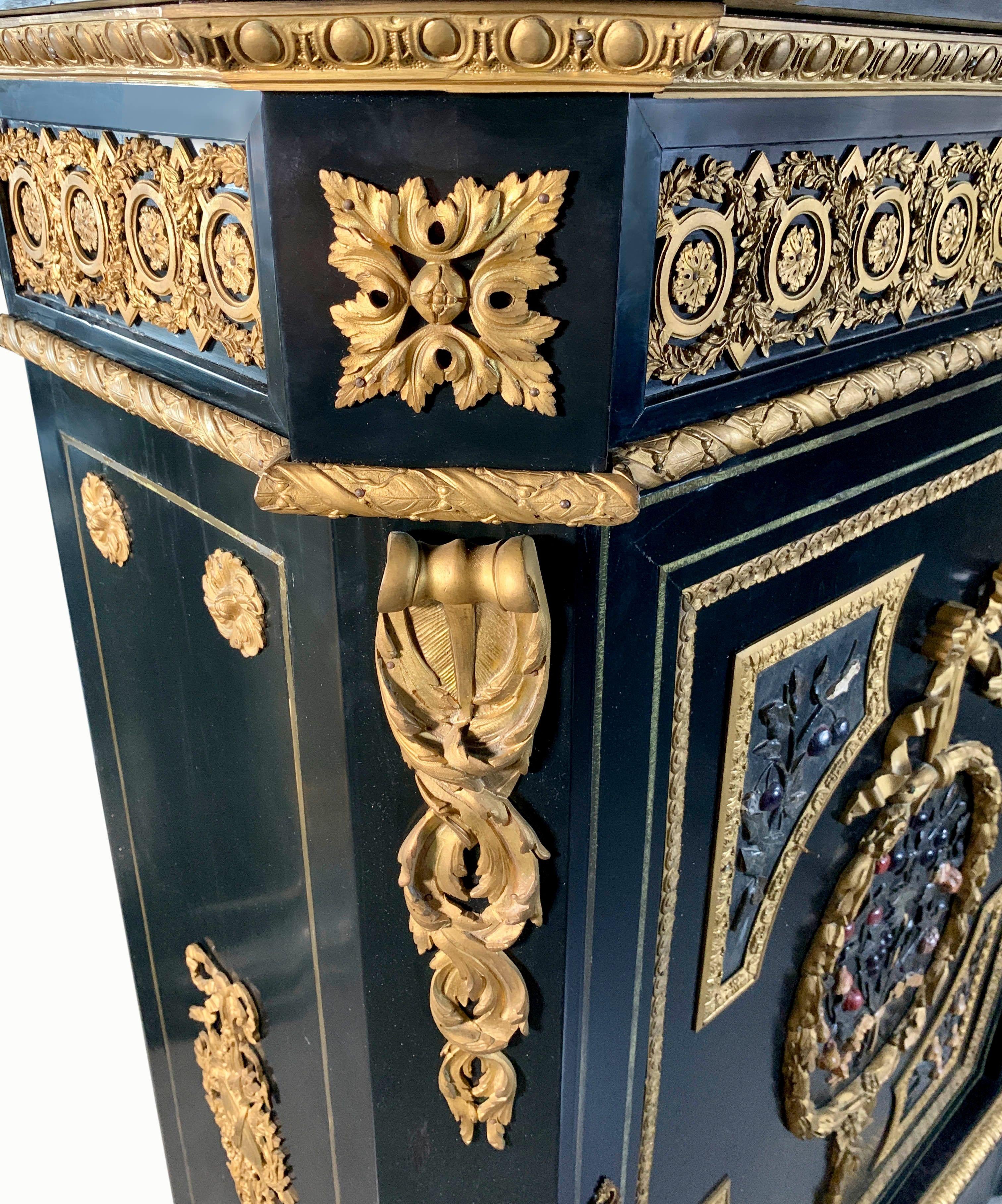 French A Very Fine Antique Ebonized Wood & Ormolu Mounted Pietra Dura Cabinet For Sale