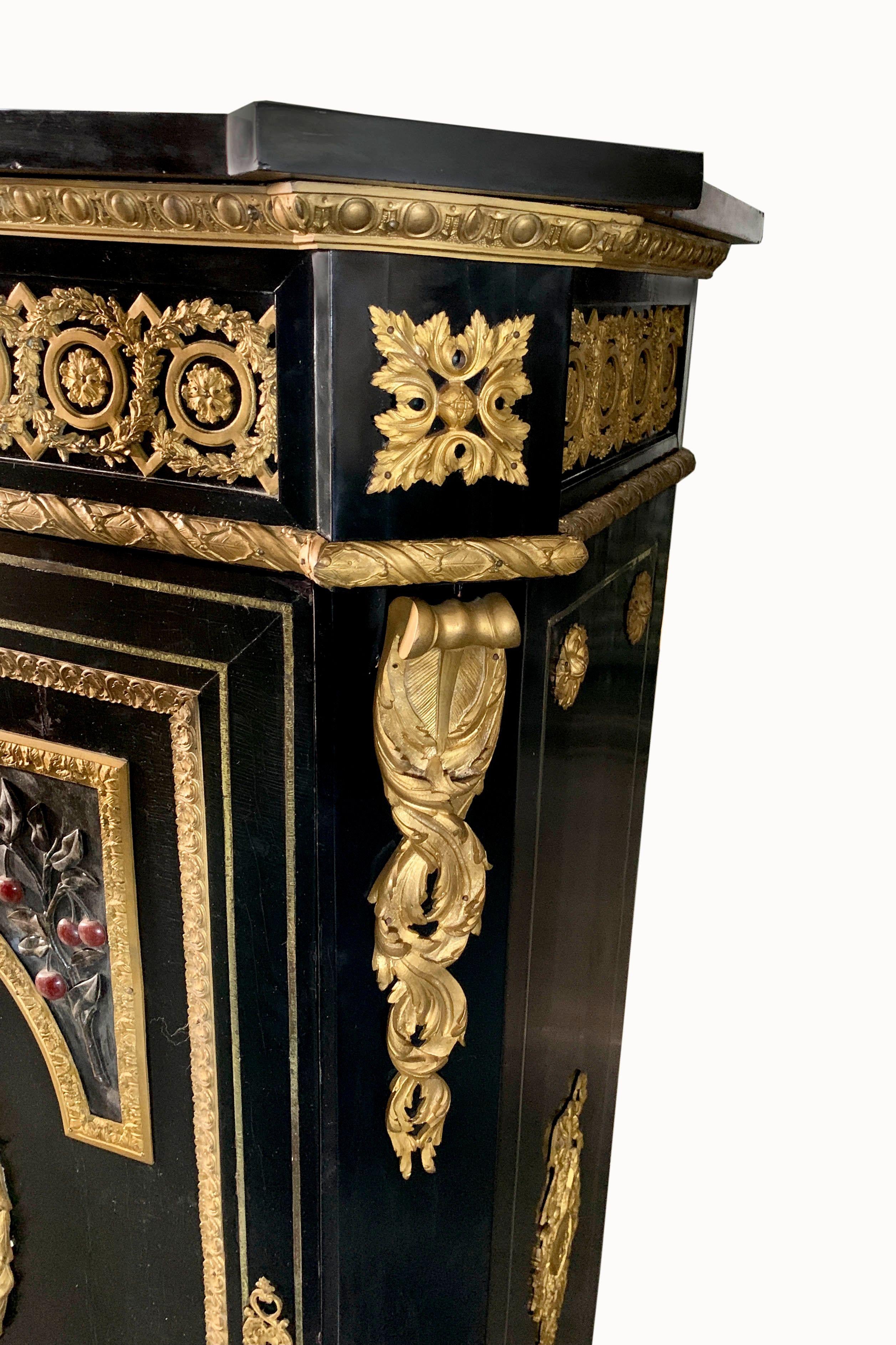 A Very Fine Antique Ebonized Wood & Ormolu Mounted Pietra Dura Cabinet In Excellent Condition For Sale In Los Angeles, CA