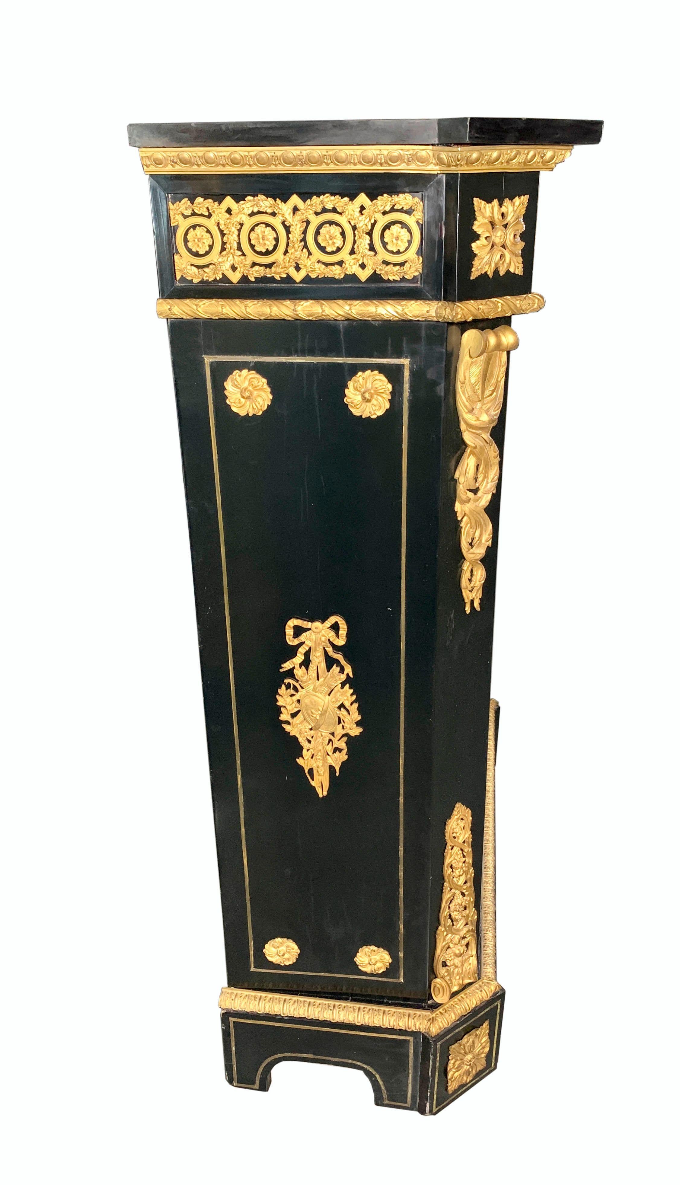 Stone A Very Fine Antique Ebonized Wood & Ormolu Mounted Pietra Dura Cabinet For Sale
