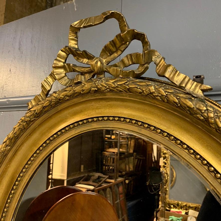 Louis XVI Large 19th Century French Gilt Oval Mirror with Original Bevelled Mirror Plate