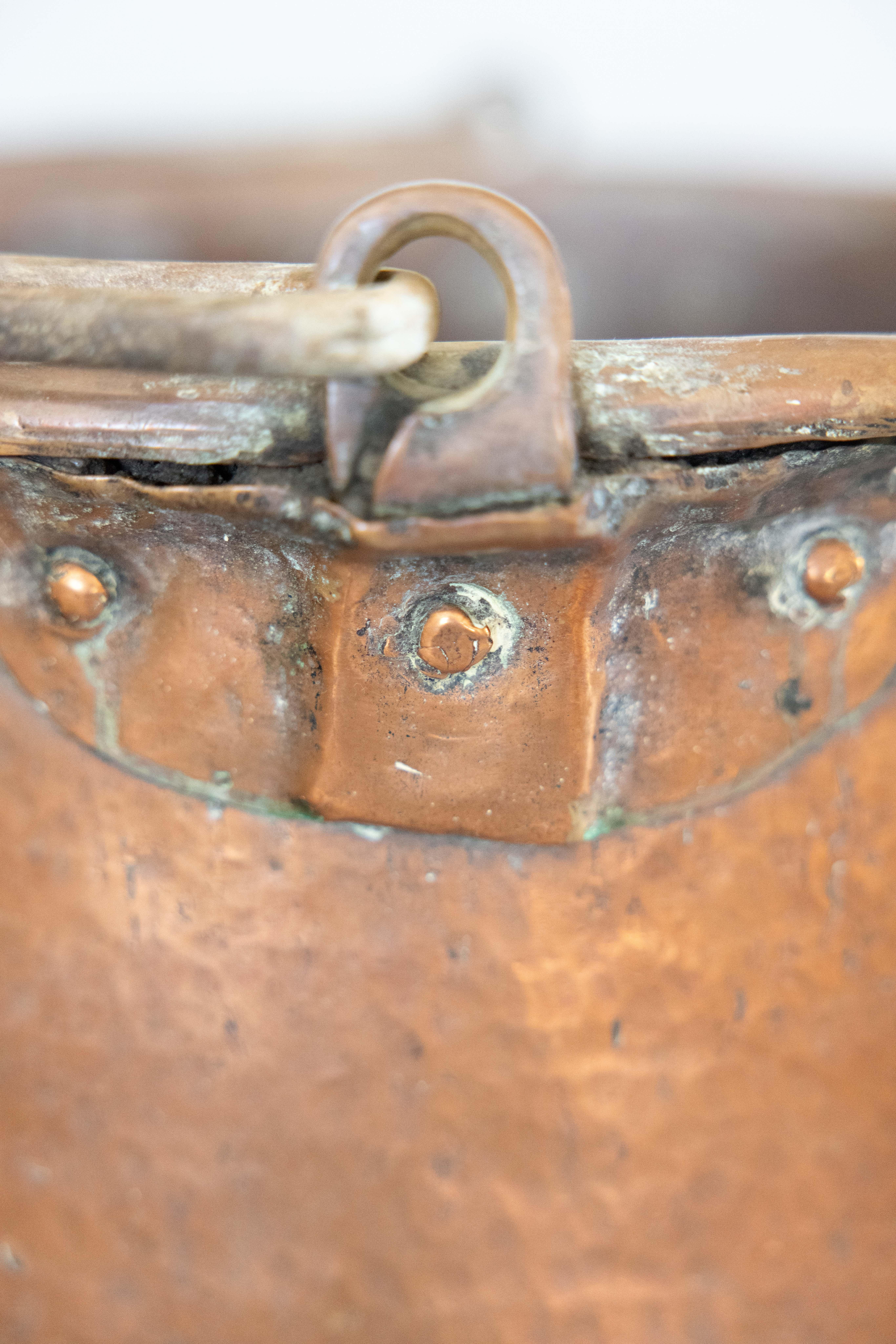 Large 19th Century French Hammered Copper Cauldron Pot In Good Condition For Sale In Pearland, TX