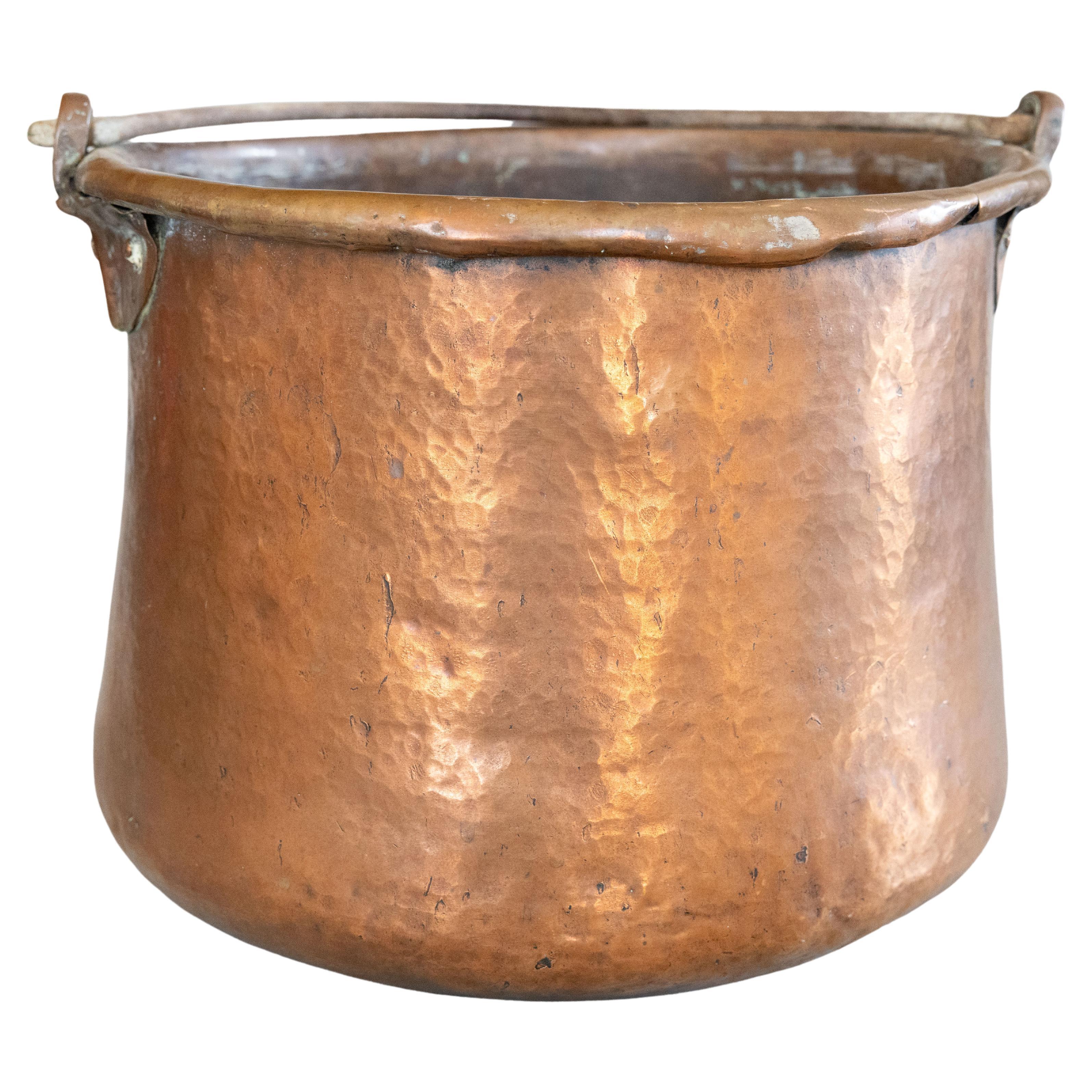Large 19th Century French Hammered Copper Cauldron Pot For Sale