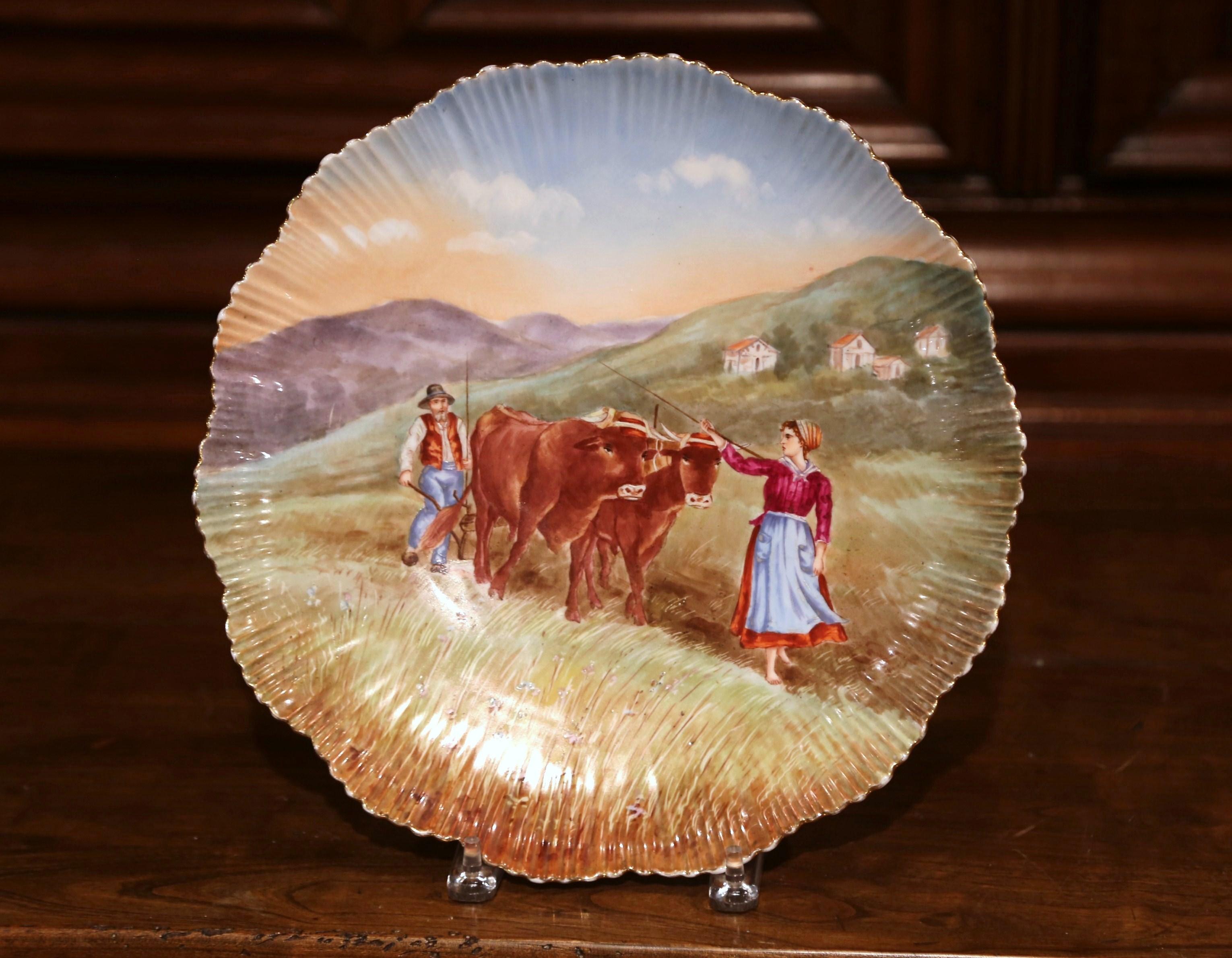 Hand-Painted 19th Century French Hand Painted and Gilt Porcelain Wall Platter with Cows