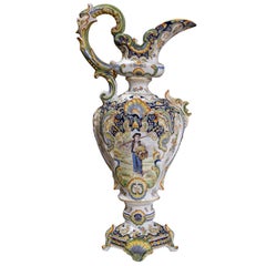 Large 19th Century French Hand Painted Faience Ewer Vase from Rouen