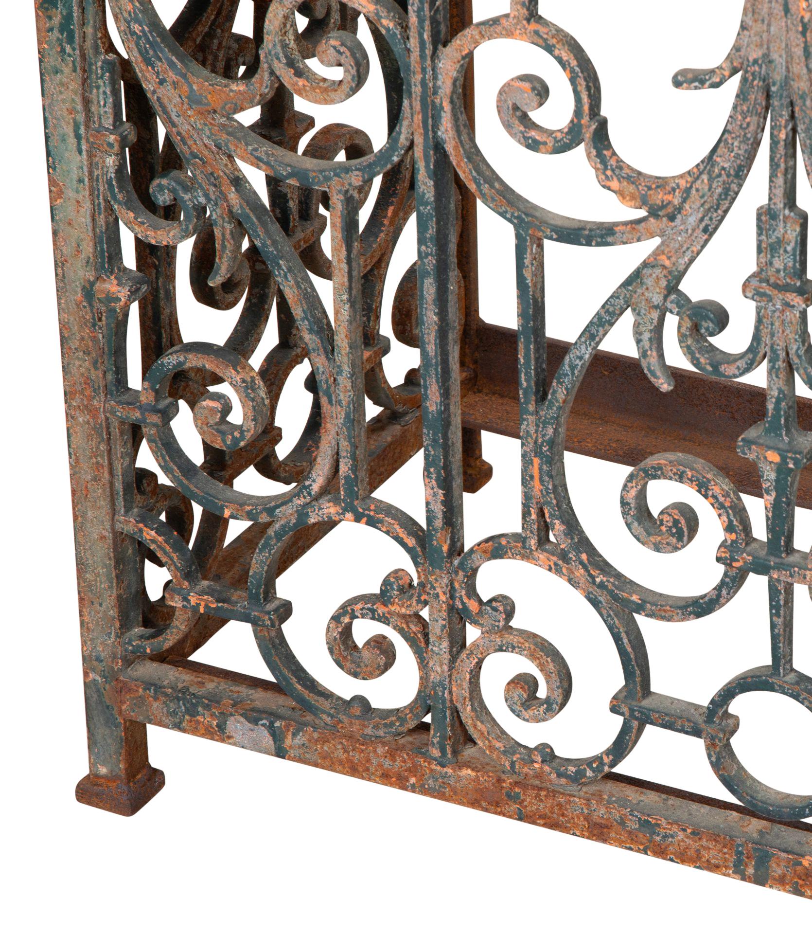 Large 19th Century French iron balcony console. Large in length and narrow in depth.
French ironwork at its best on this metal balcony console. 
With the original patina and a Belgian blue slate top.
Circa 1860.