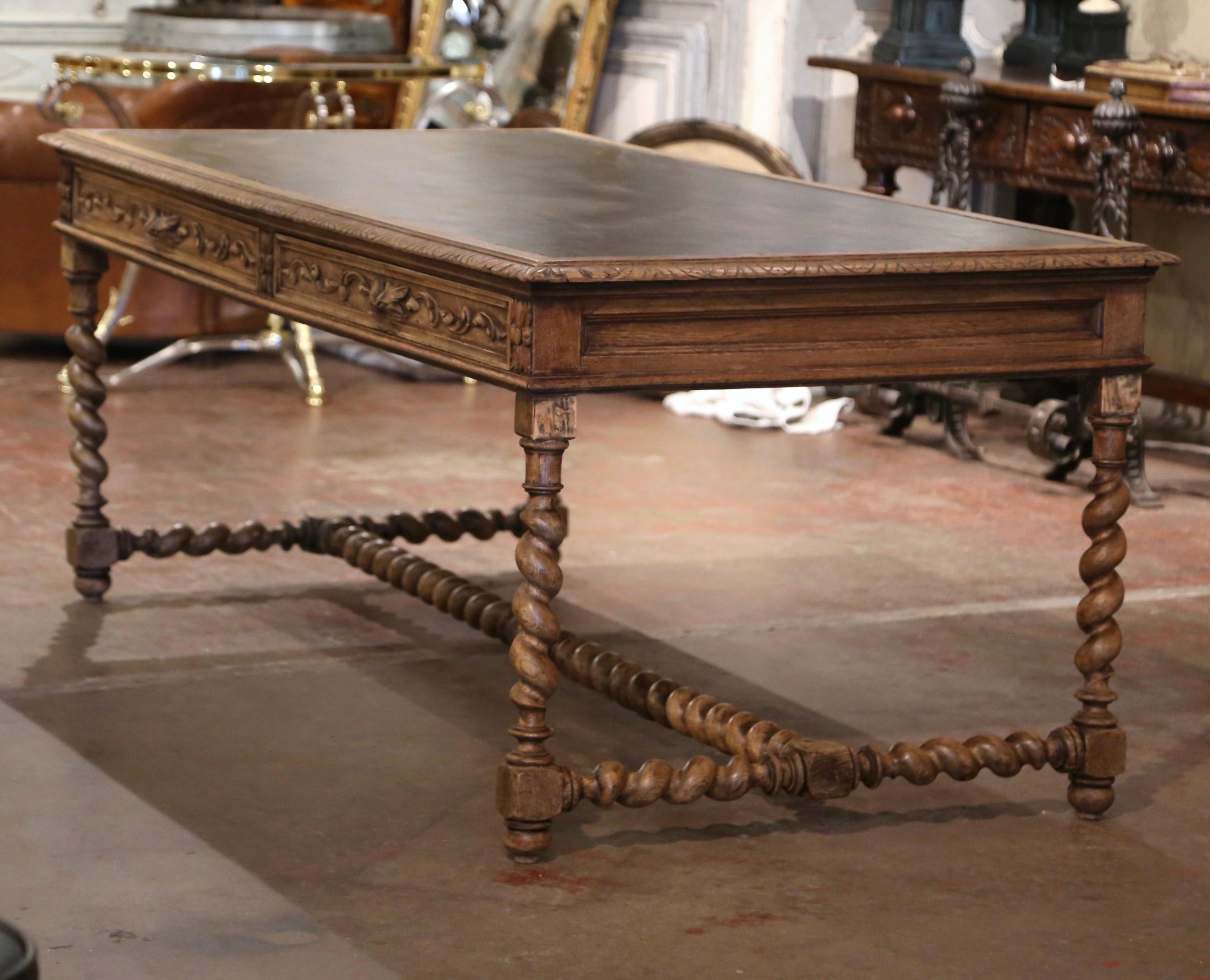 Large 19th Century French Leather Top Carved Bleached Oak Table Desk with Drawer 8