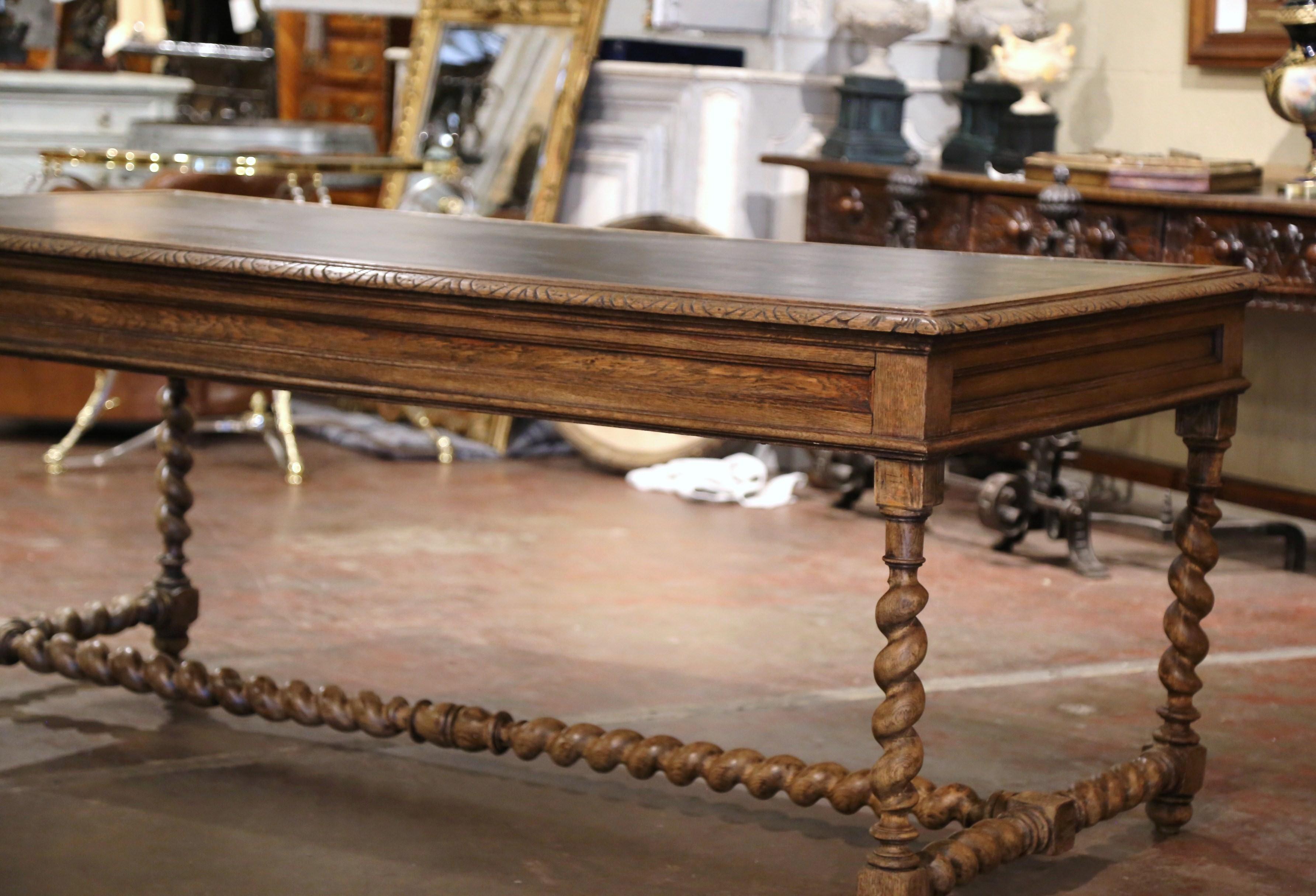Large 19th Century French Leather Top Carved Bleached Oak Table Desk with Drawer 10