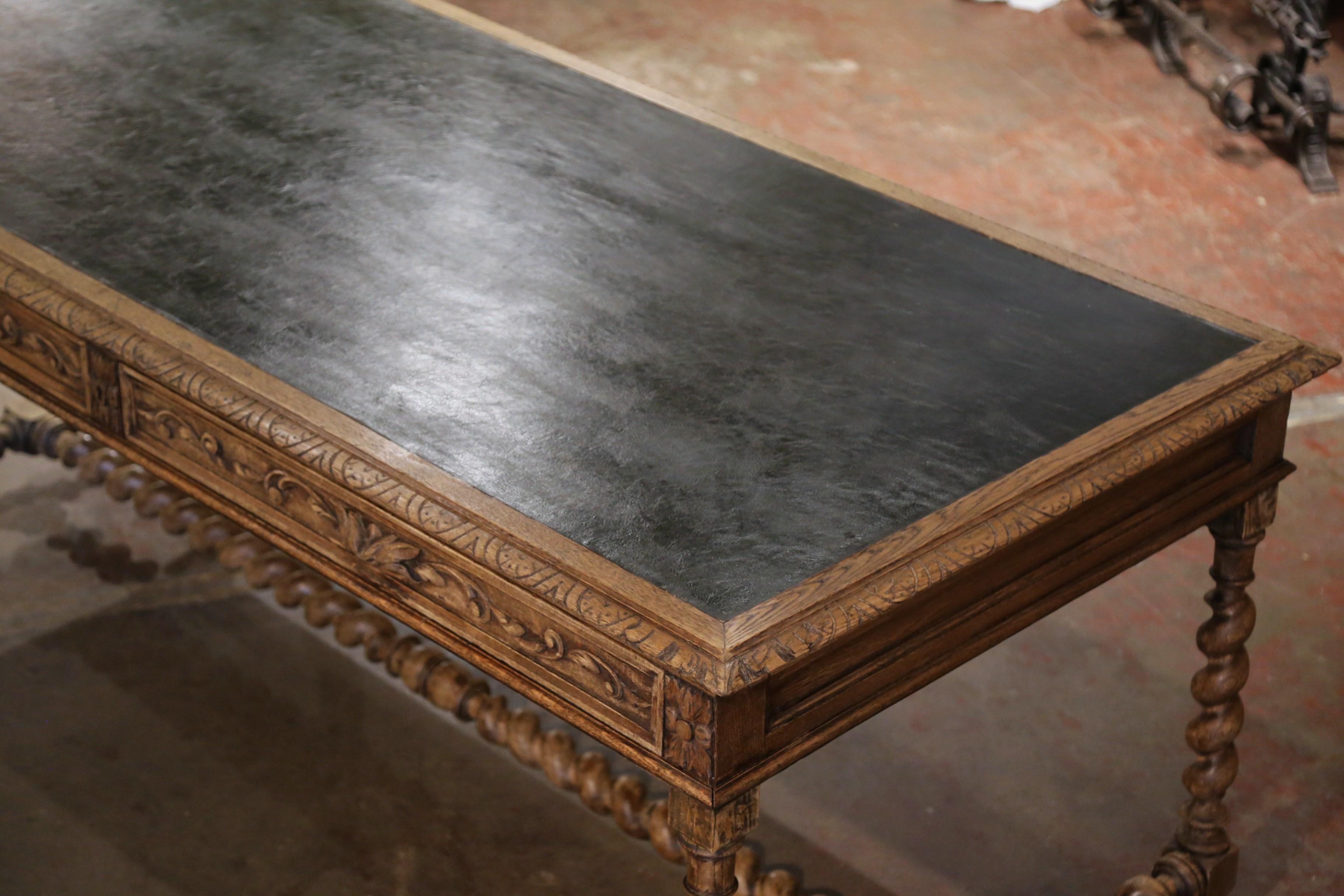 Louis XIII Large 19th Century French Leather Top Carved Bleached Oak Table Desk with Drawer