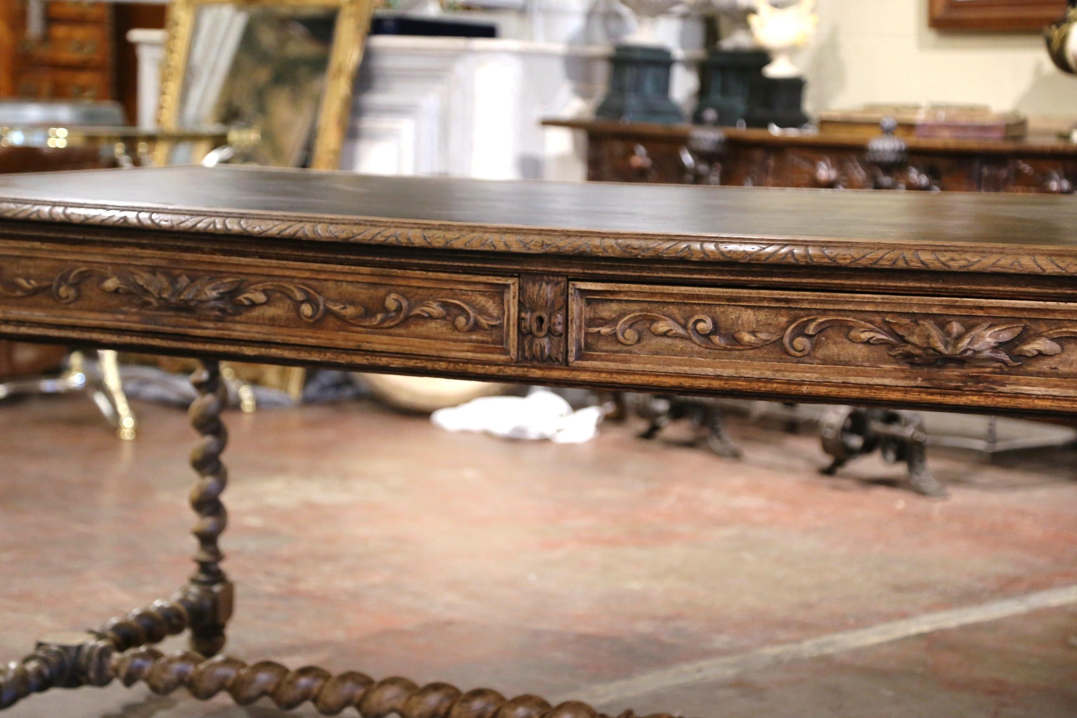 Hand-Carved Large 19th Century French Leather Top Carved Bleached Oak Table Desk with Drawer