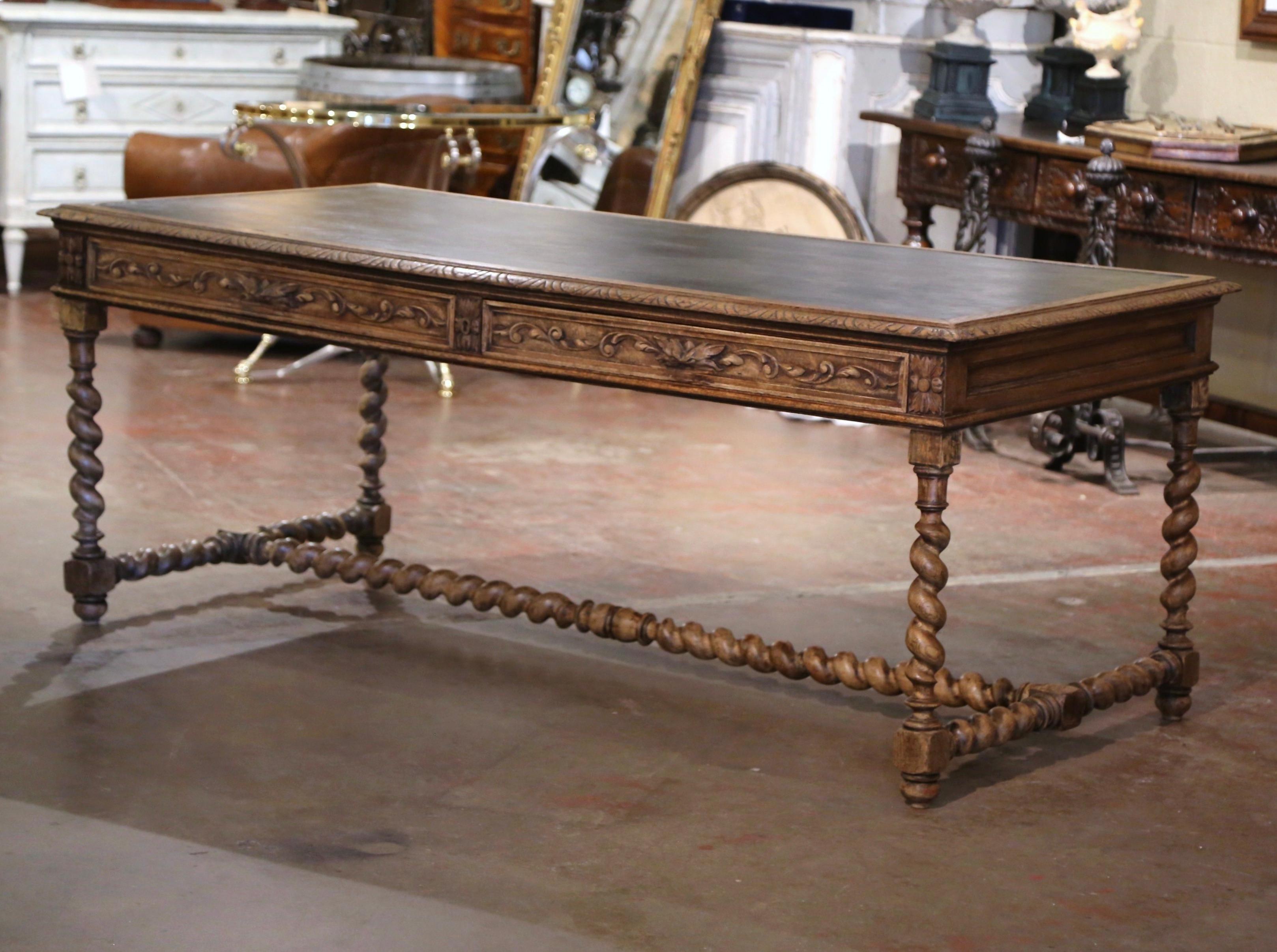 Large 19th Century French Leather Top Carved Bleached Oak Table Desk with Drawer In Excellent Condition In Dallas, TX