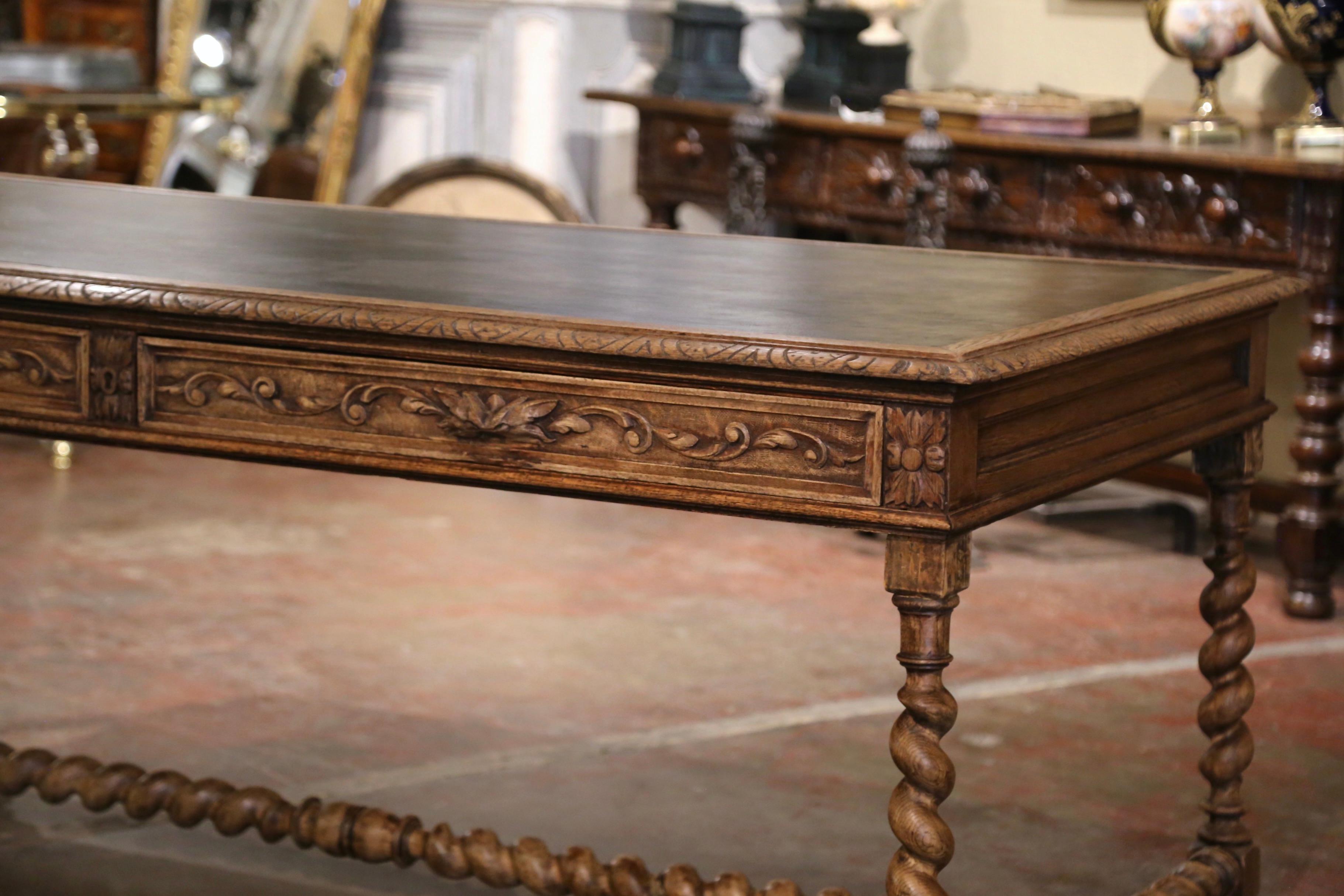 Large 19th Century French Leather Top Carved Bleached Oak Table Desk with Drawer 1