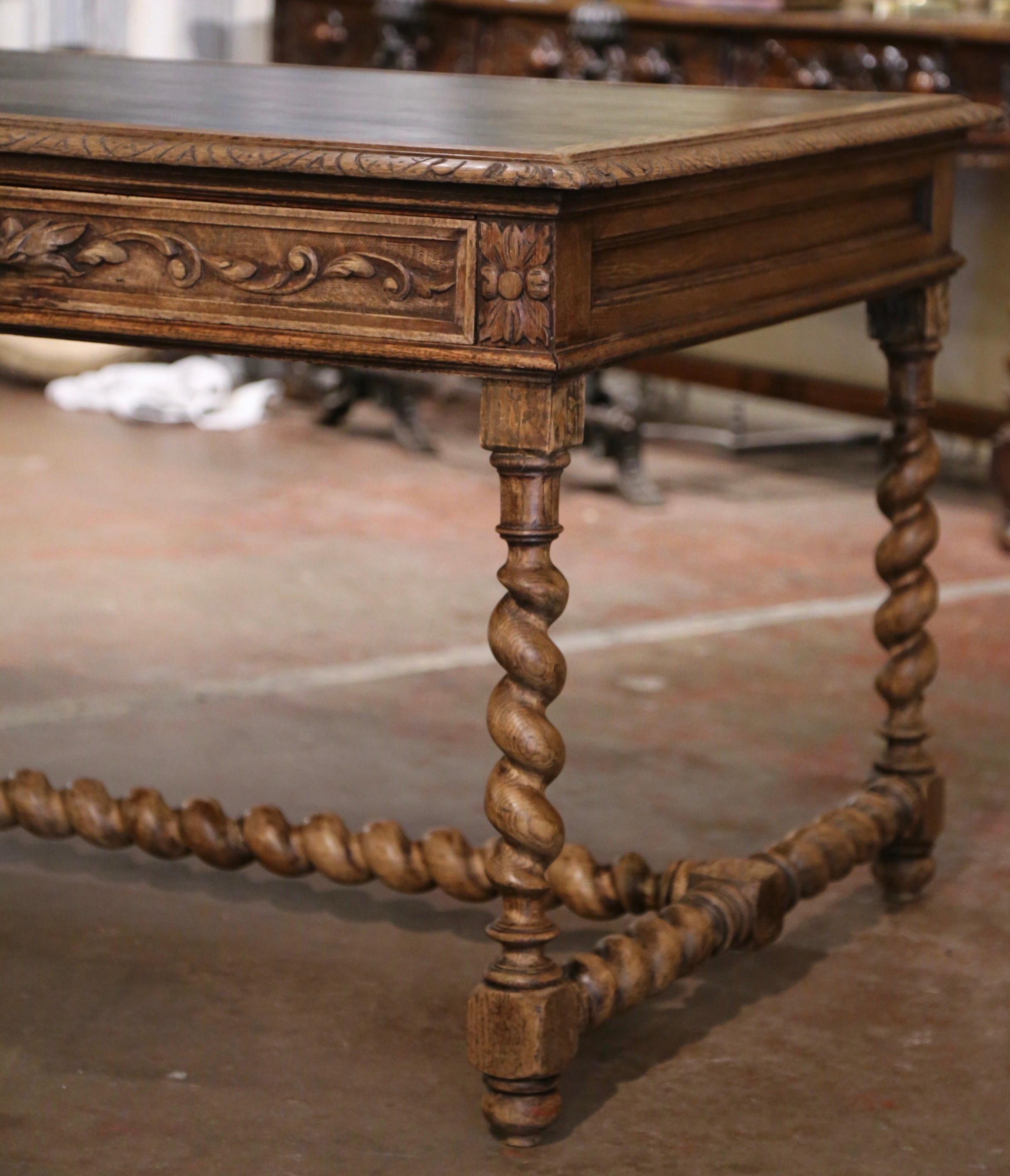 Large 19th Century French Leather Top Carved Bleached Oak Table Desk with Drawer 2