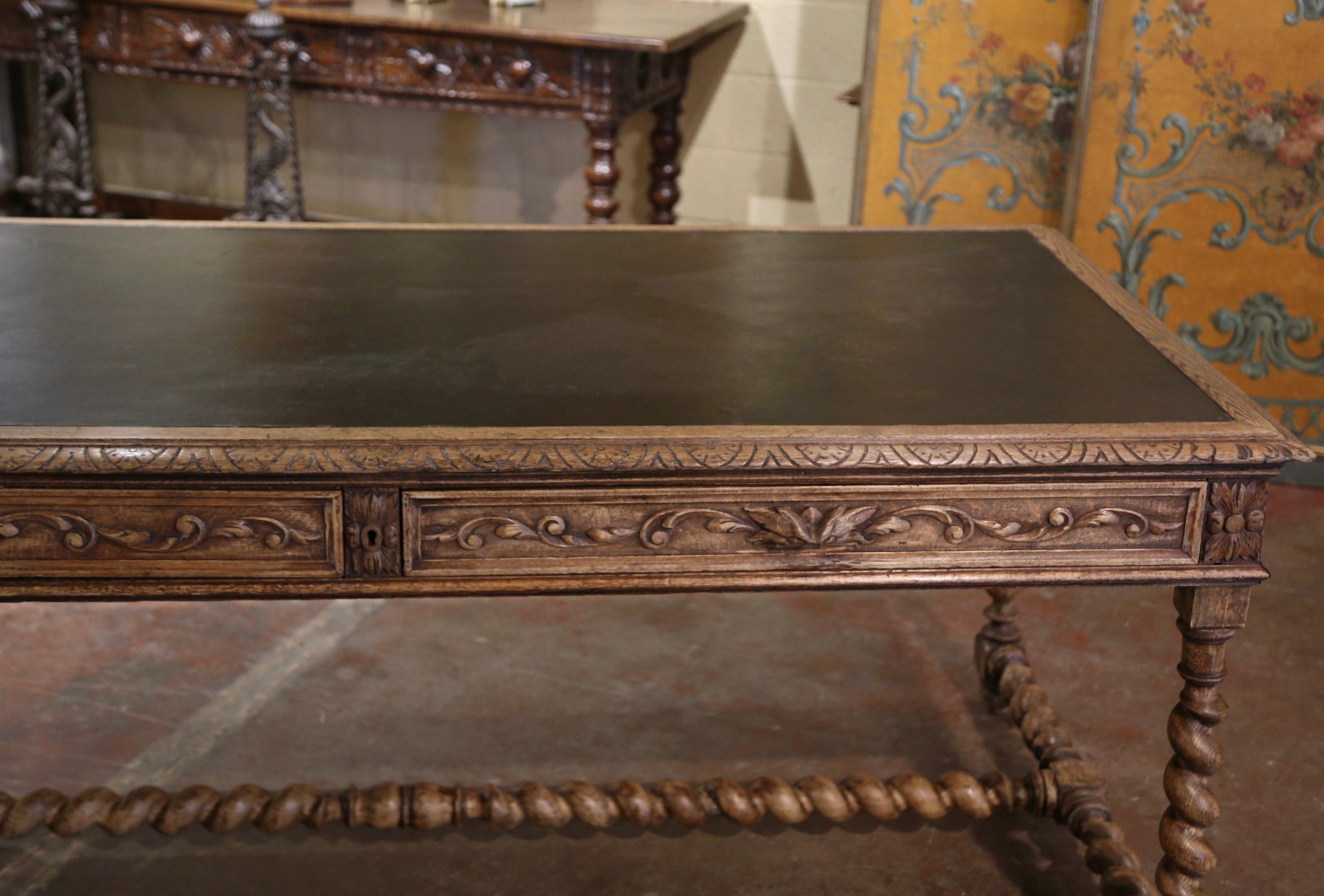 Large 19th Century French Leather Top Carved Bleached Oak Table Desk with Drawer 3