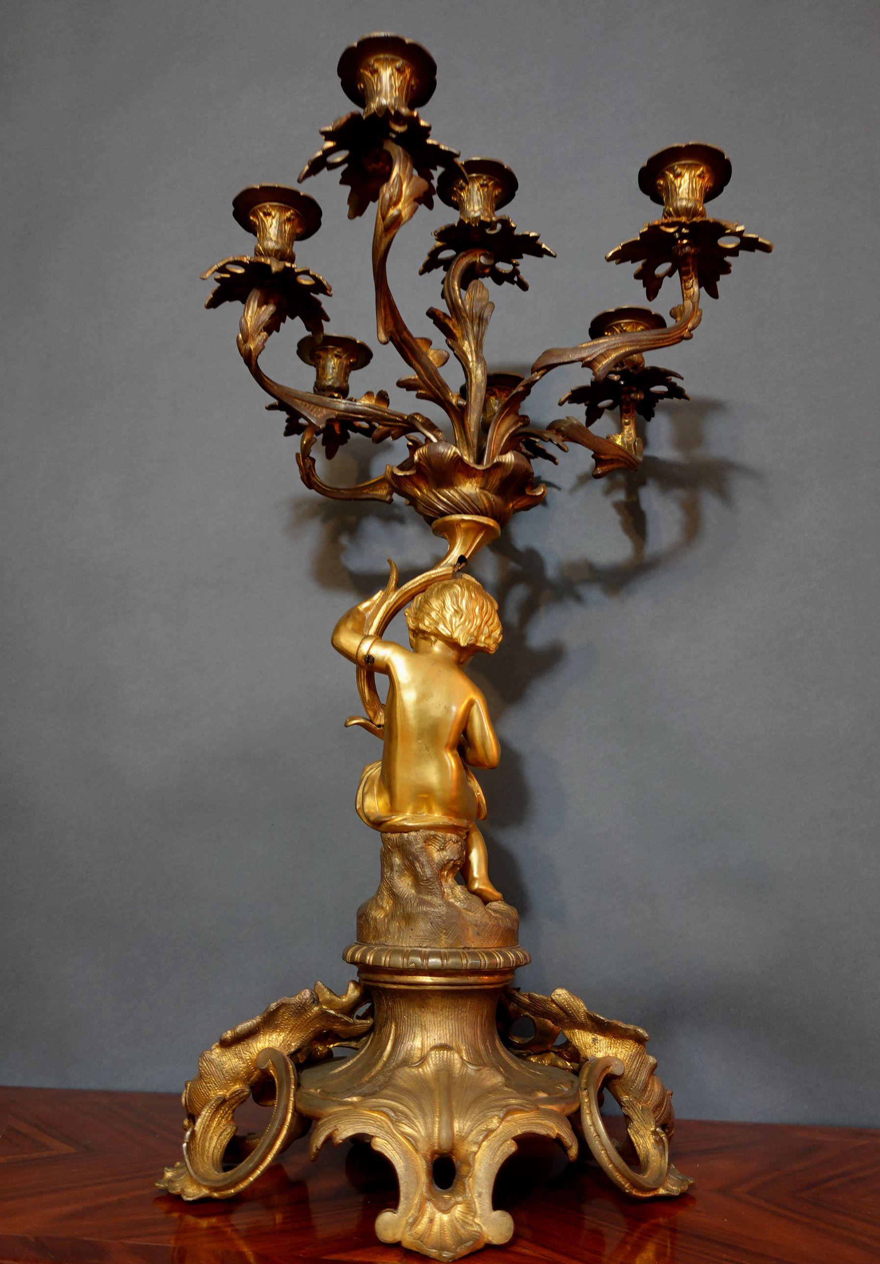 Large 19th Century French Louis XV Bronze Candelabras with seating Putti For Sale 12