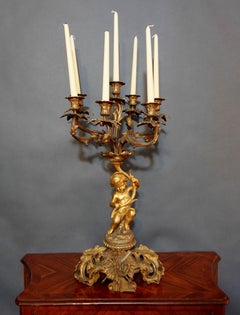 Large 19th Century French Louis XV Bronze Candelabras with seating Putti