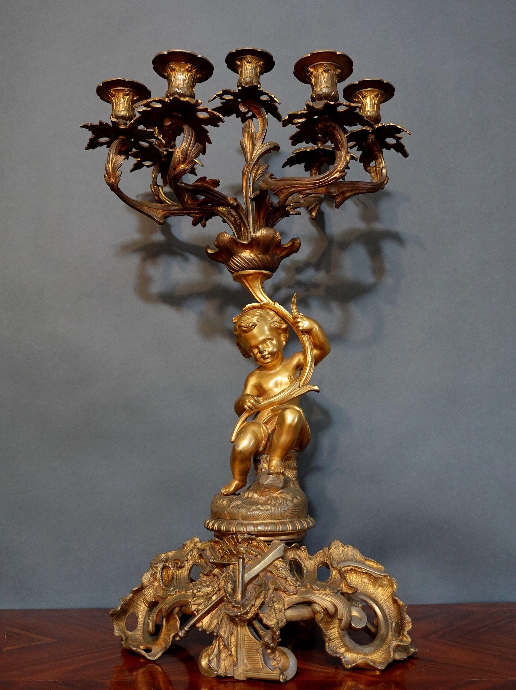 Cast Large 19th Century French Louis XV Bronze Candelabras with seating Putti For Sale