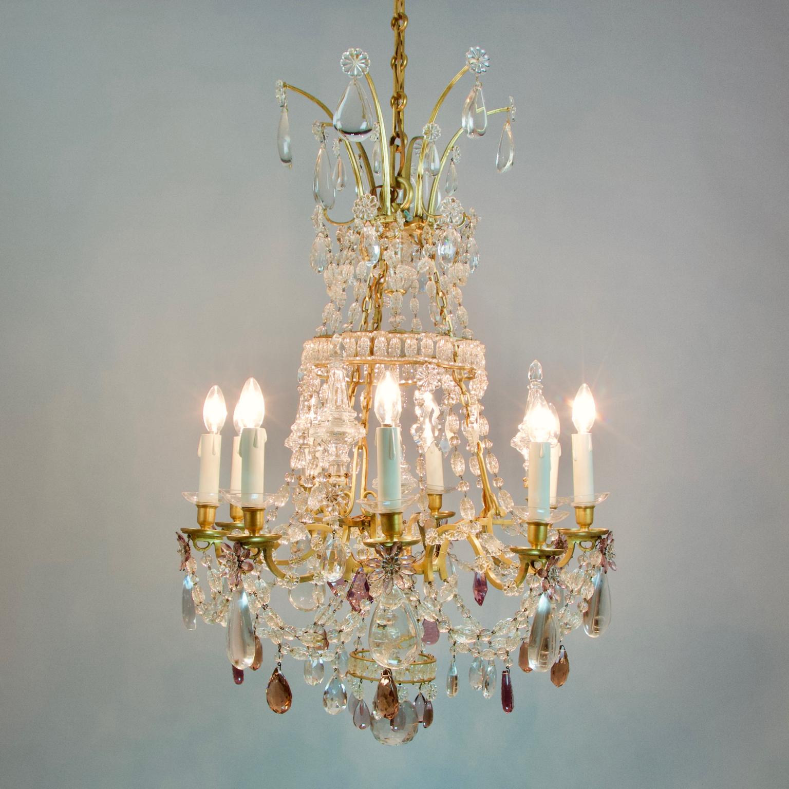 Faceted Large French Louis XV Bronze Crystal Chandelier Attributed to Maison Baguès
