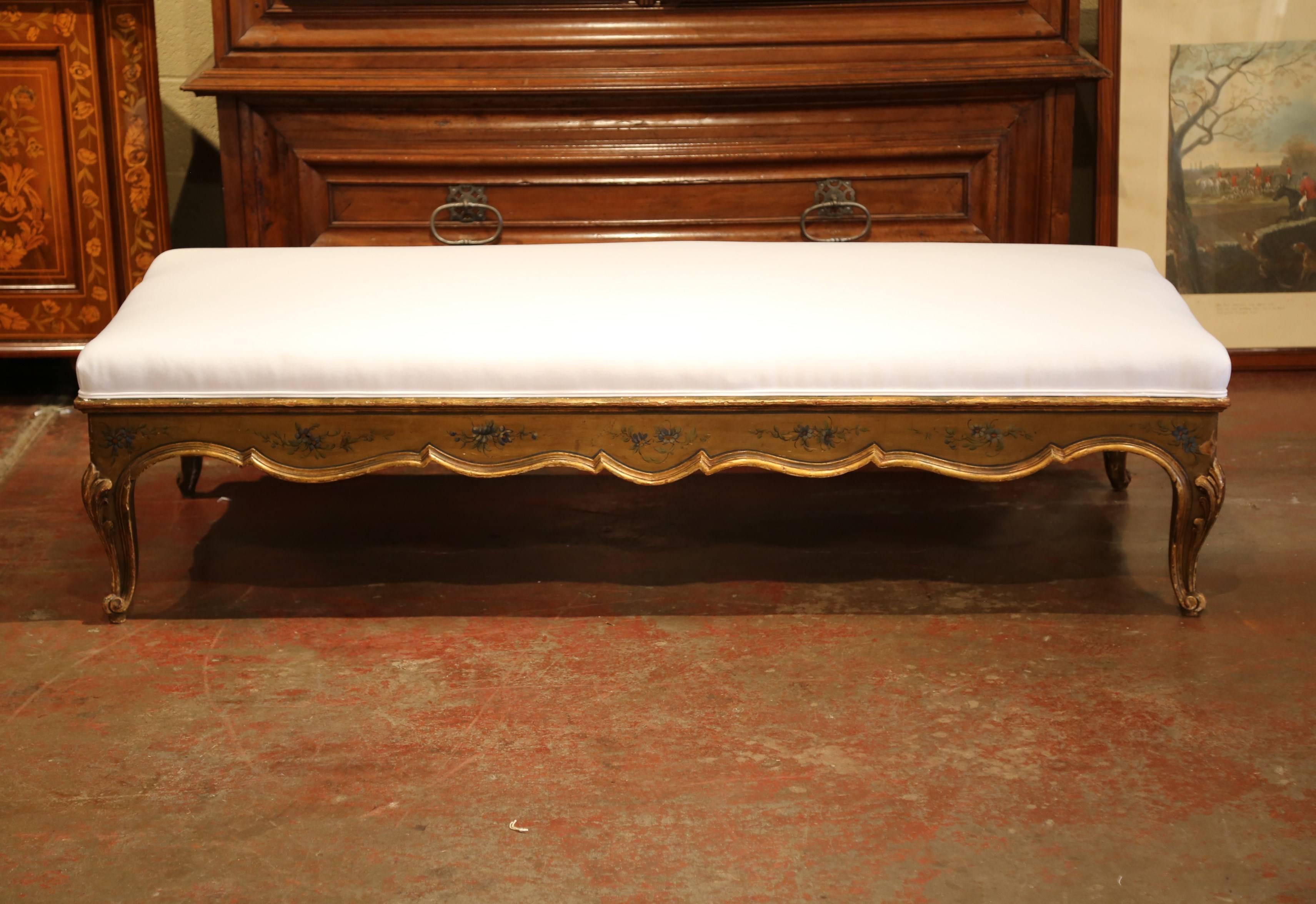 Hand-Carved Large 19th Century French Louis XV Carved Painted Bench Ottoman with Muslin