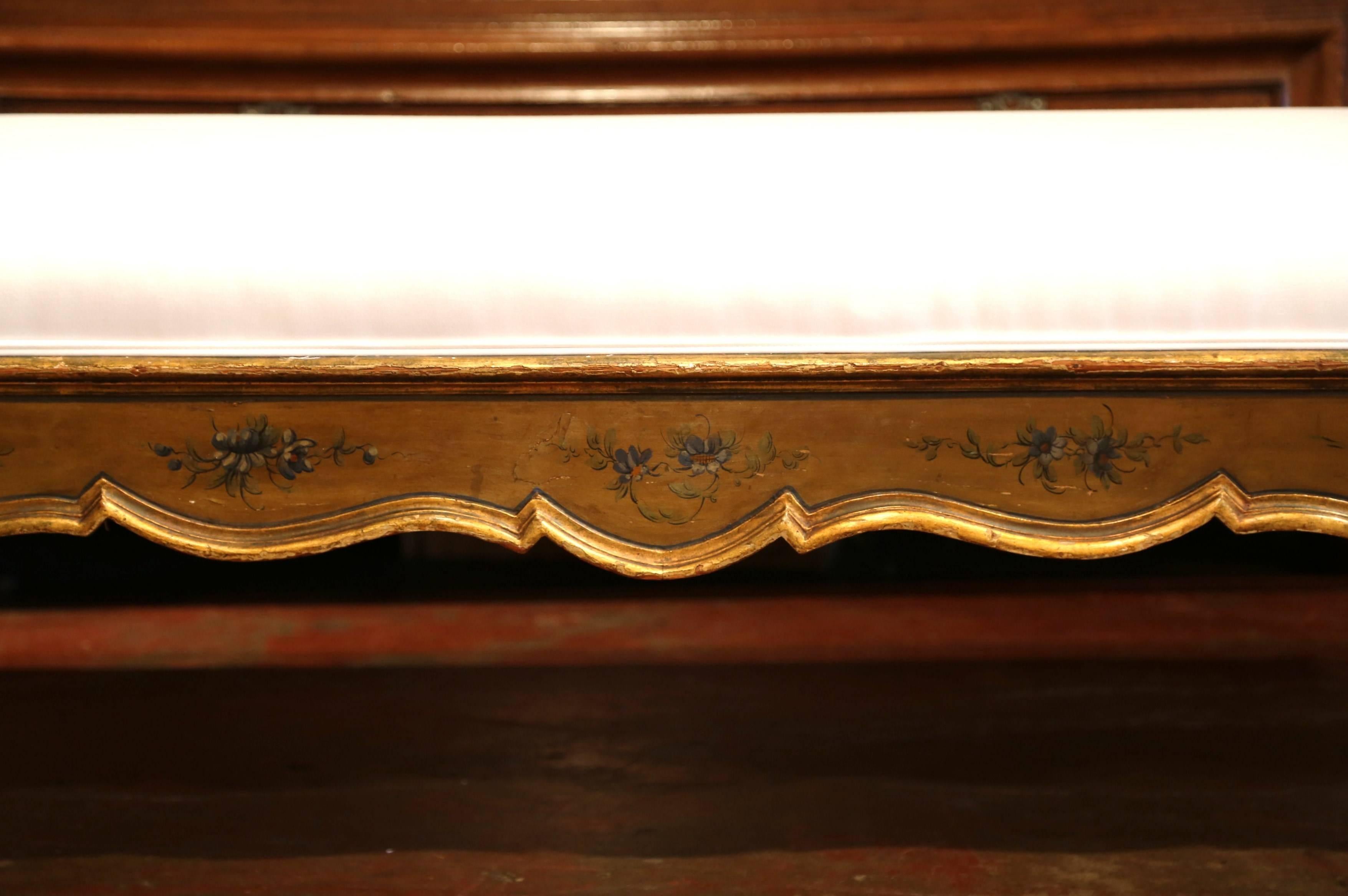 Large 19th Century French Louis XV Carved Painted Bench Ottoman with Muslin In Excellent Condition In Dallas, TX