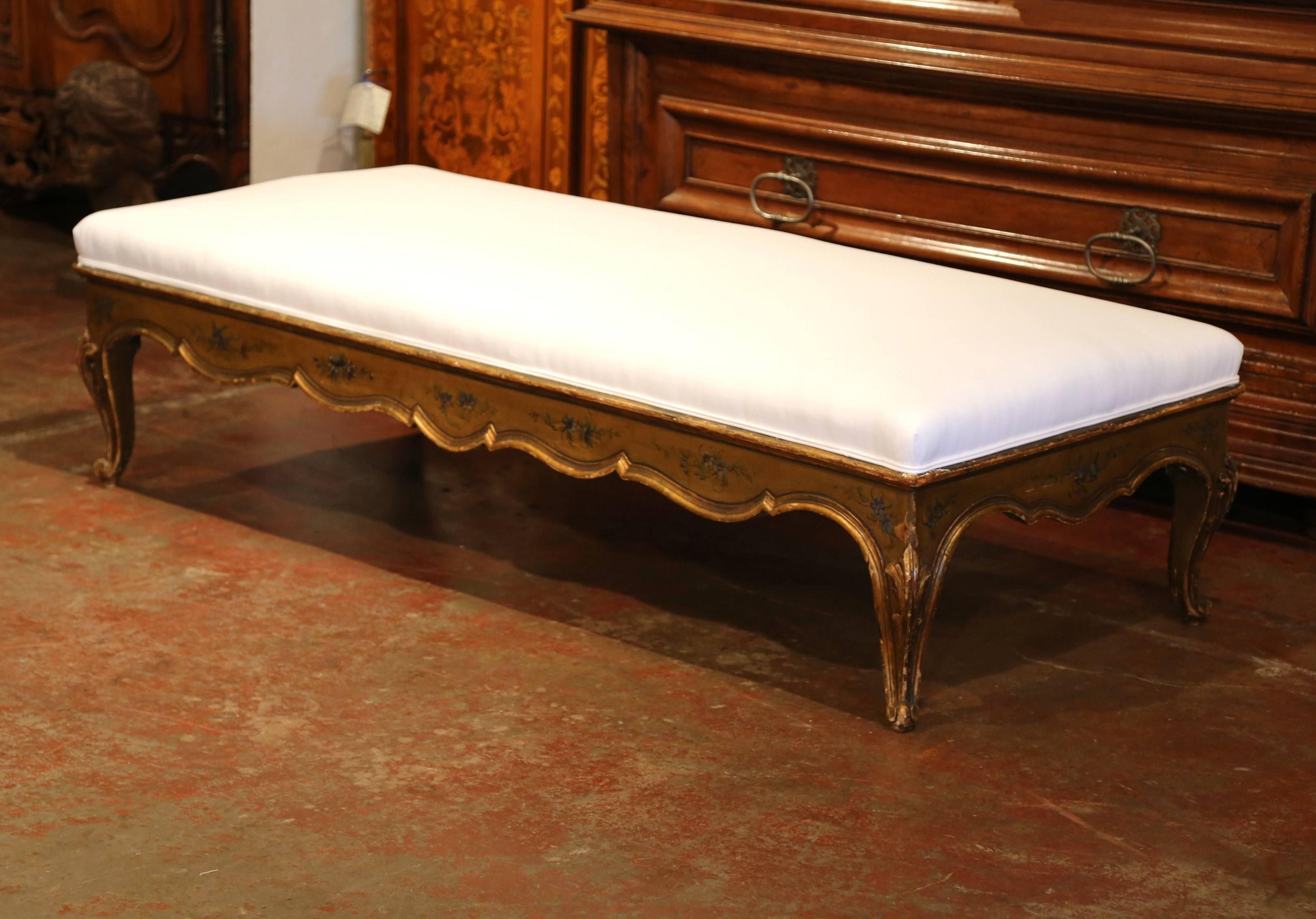 Large 19th Century French Louis XV Carved Painted Bench Ottoman with Muslin 1
