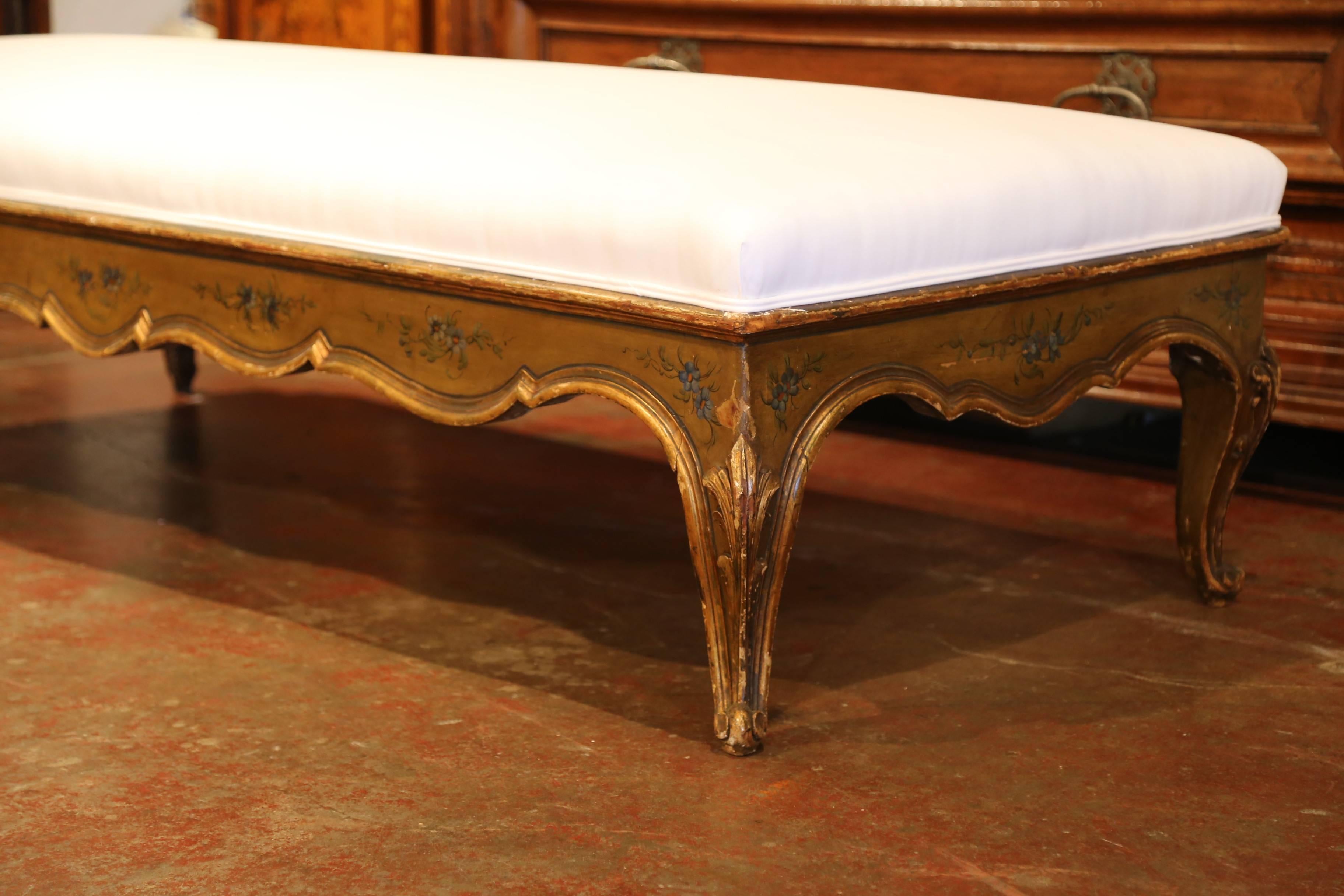 Large 19th Century French Louis XV Carved Painted Bench Ottoman with Muslin 2