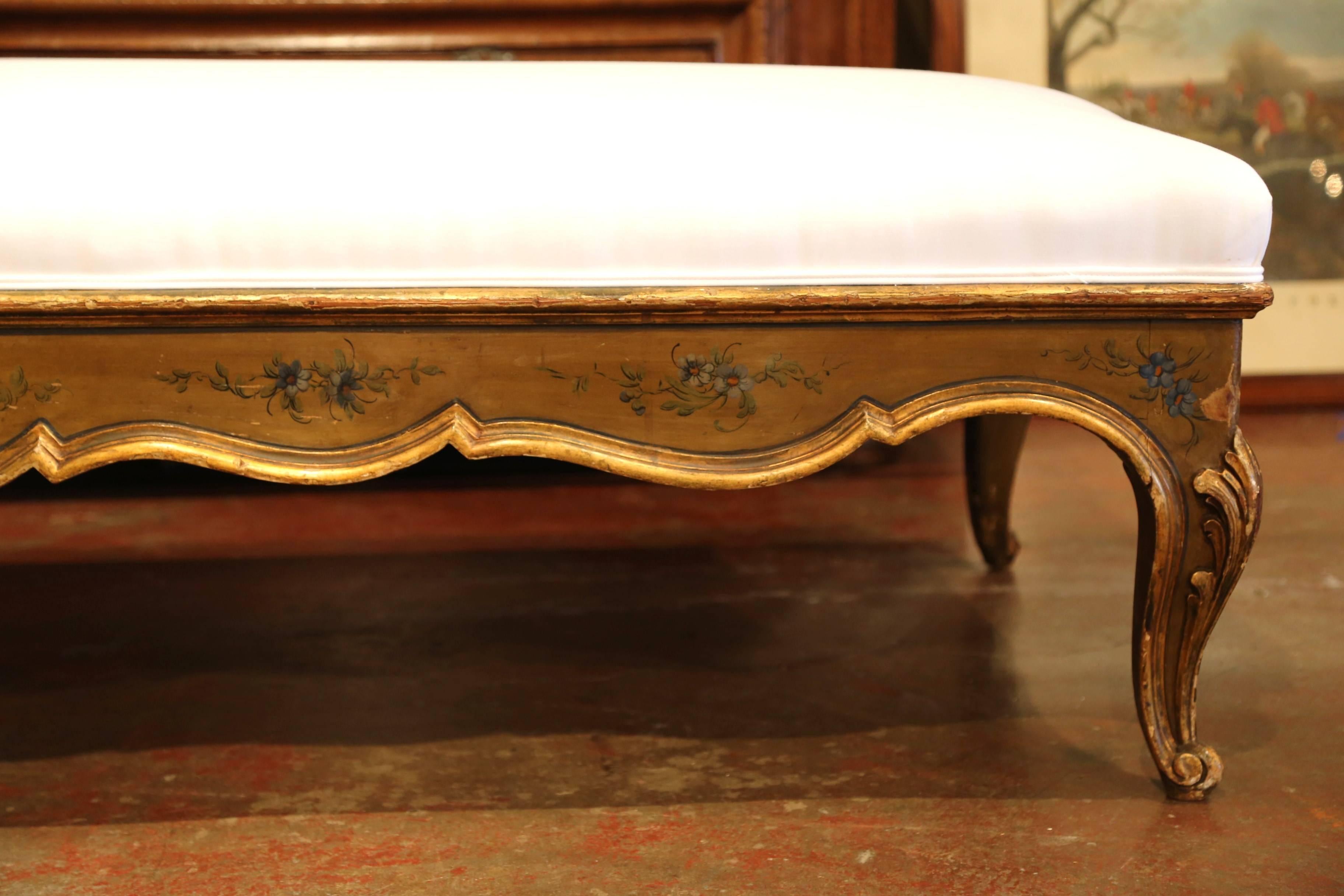 Large 19th Century French Louis XV Carved Painted Bench Ottoman with Muslin 3