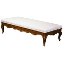 Large 19th Century French Louis XV Carved Painted Bench Ottoman with Muslin