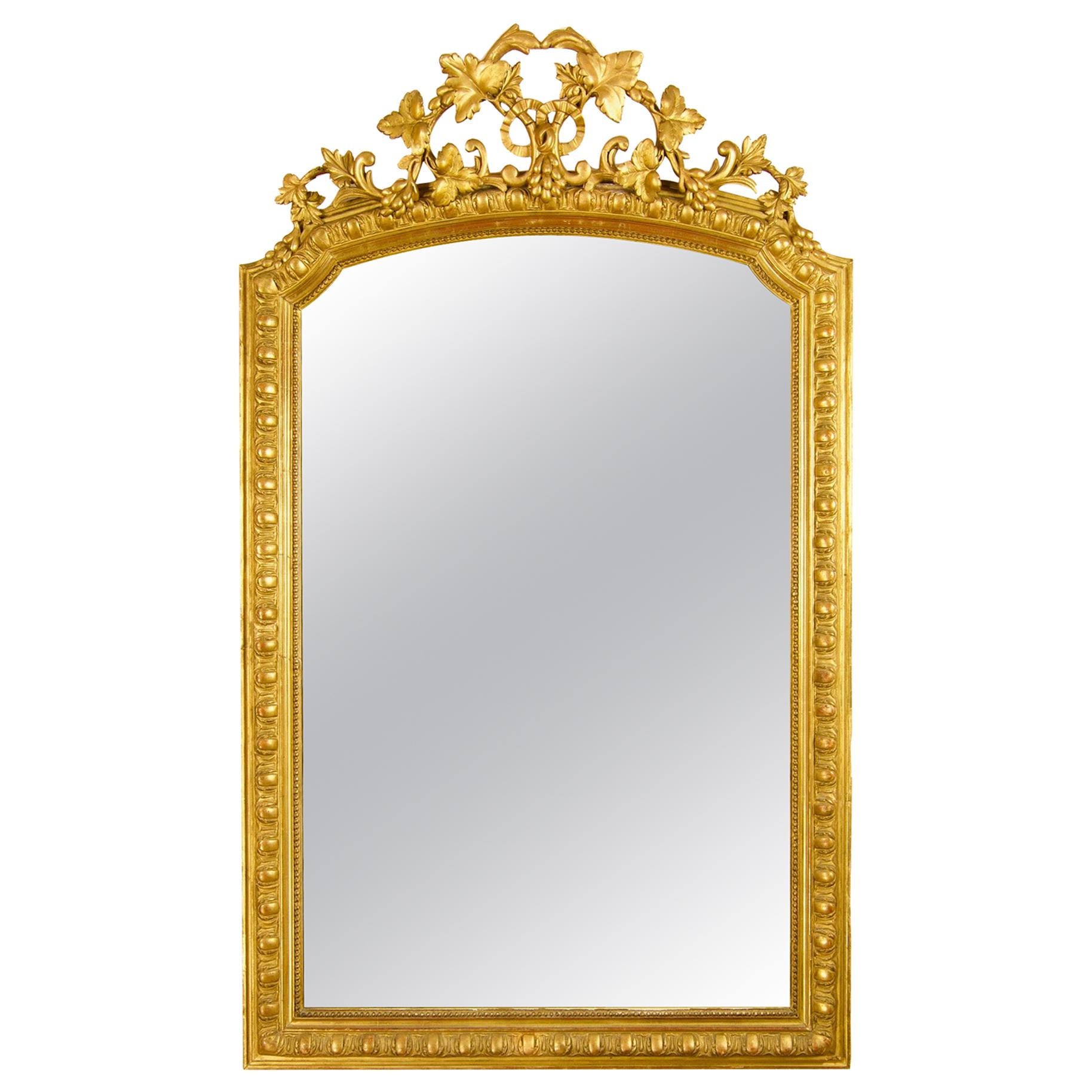 Large 19th Century French Louis XVI Napoleon III Giltwood Wall Mirror For Sale