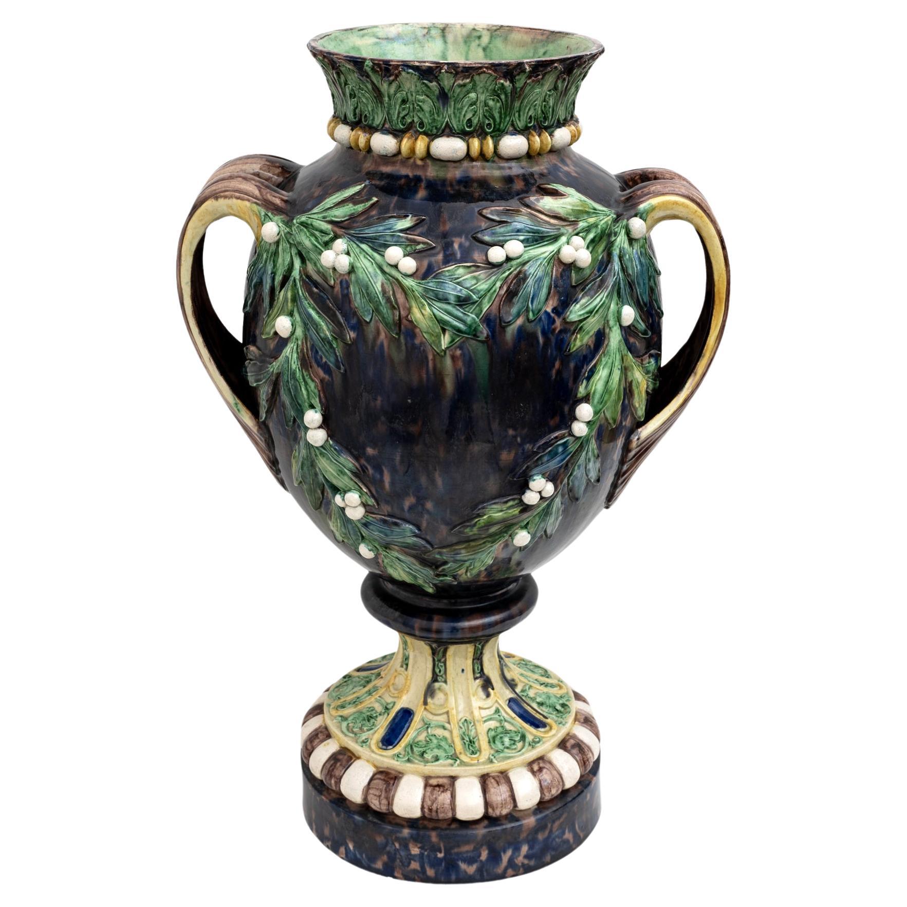 Large 19th century French Majolica Renaissance Palissy Vase with Mistletoe, 1880