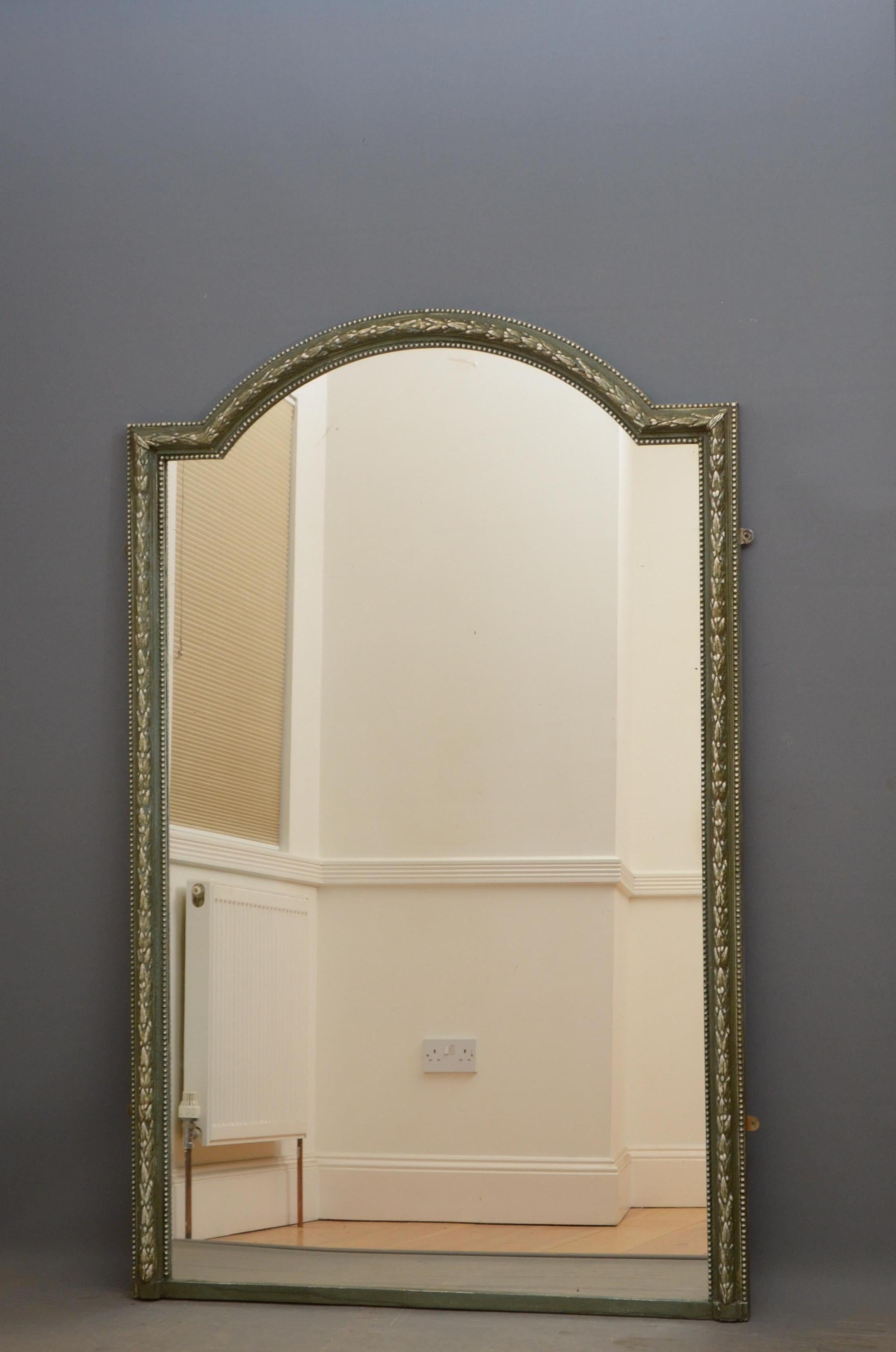 Sn4841 a large French full size mirror, having original glass with some imperfection in beaded and floral carved green and cream frame. This mirror can be placed on the wall or can be leaned on the wall and use a dressing mirror. The mirror has been