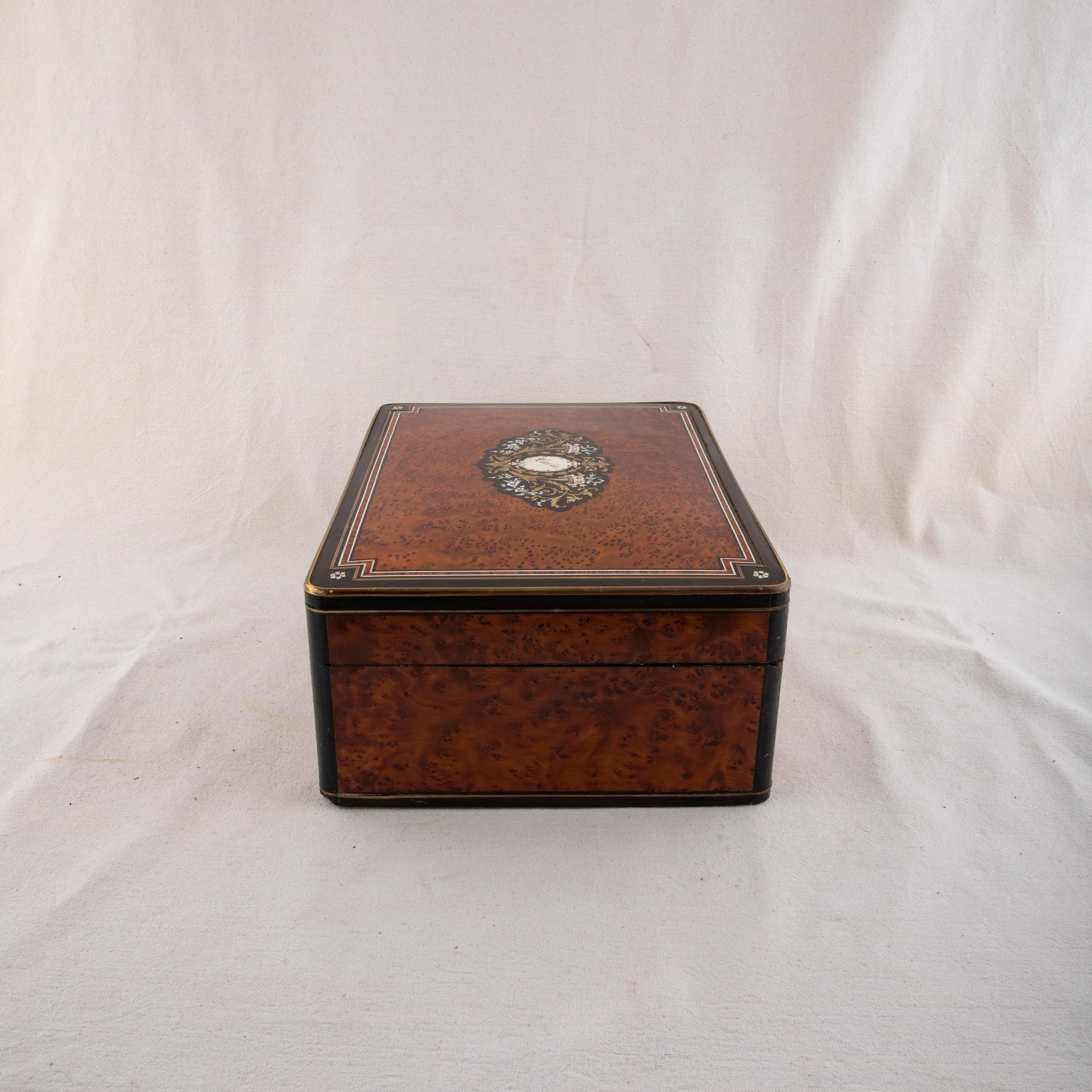Large 19th Century French Napoleon III Marquetry Jewelry Box, Marked Lucie In Good Condition For Sale In Fayetteville, AR