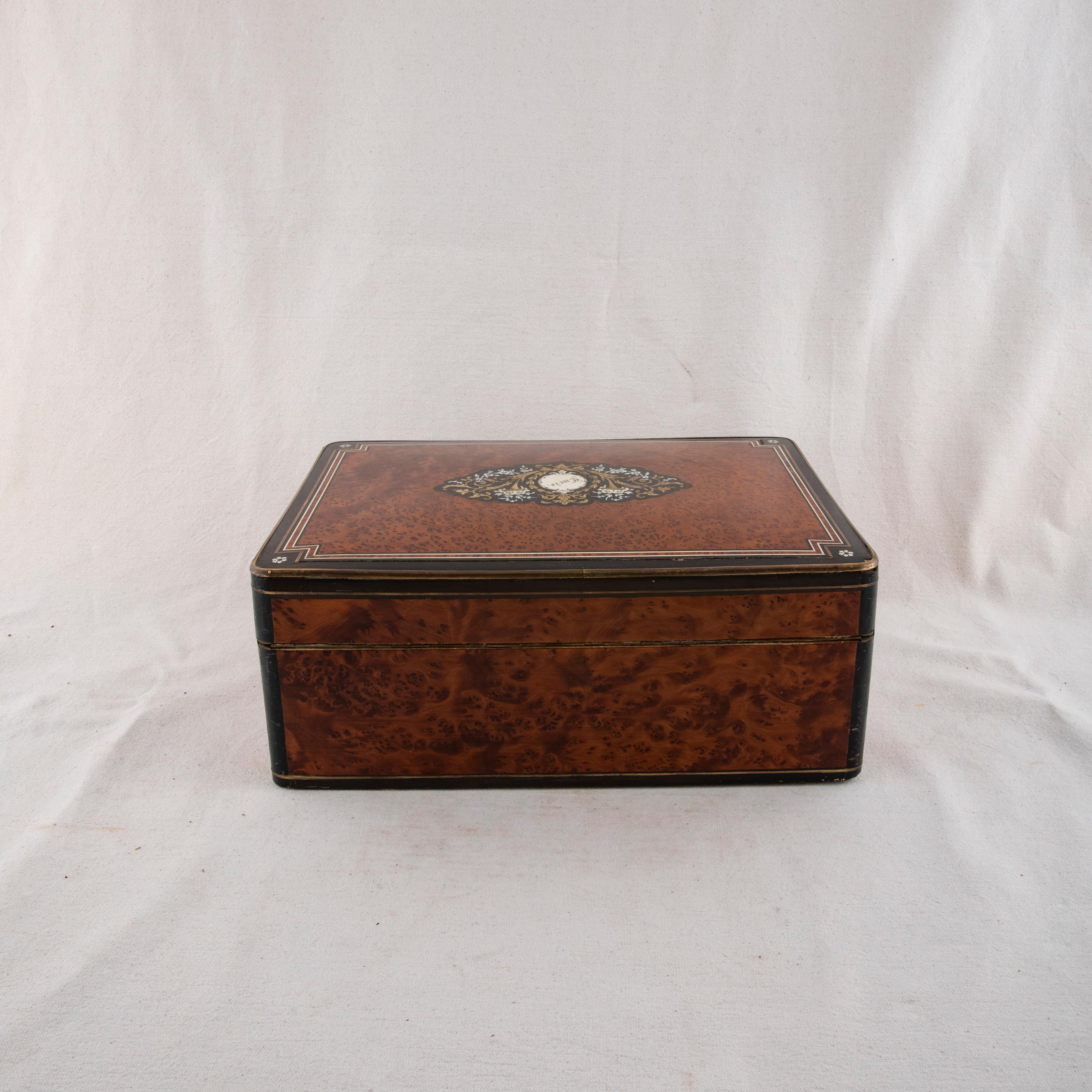 Bronze Large 19th Century French Napoleon III Marquetry Jewelry Box, Marked Lucie For Sale