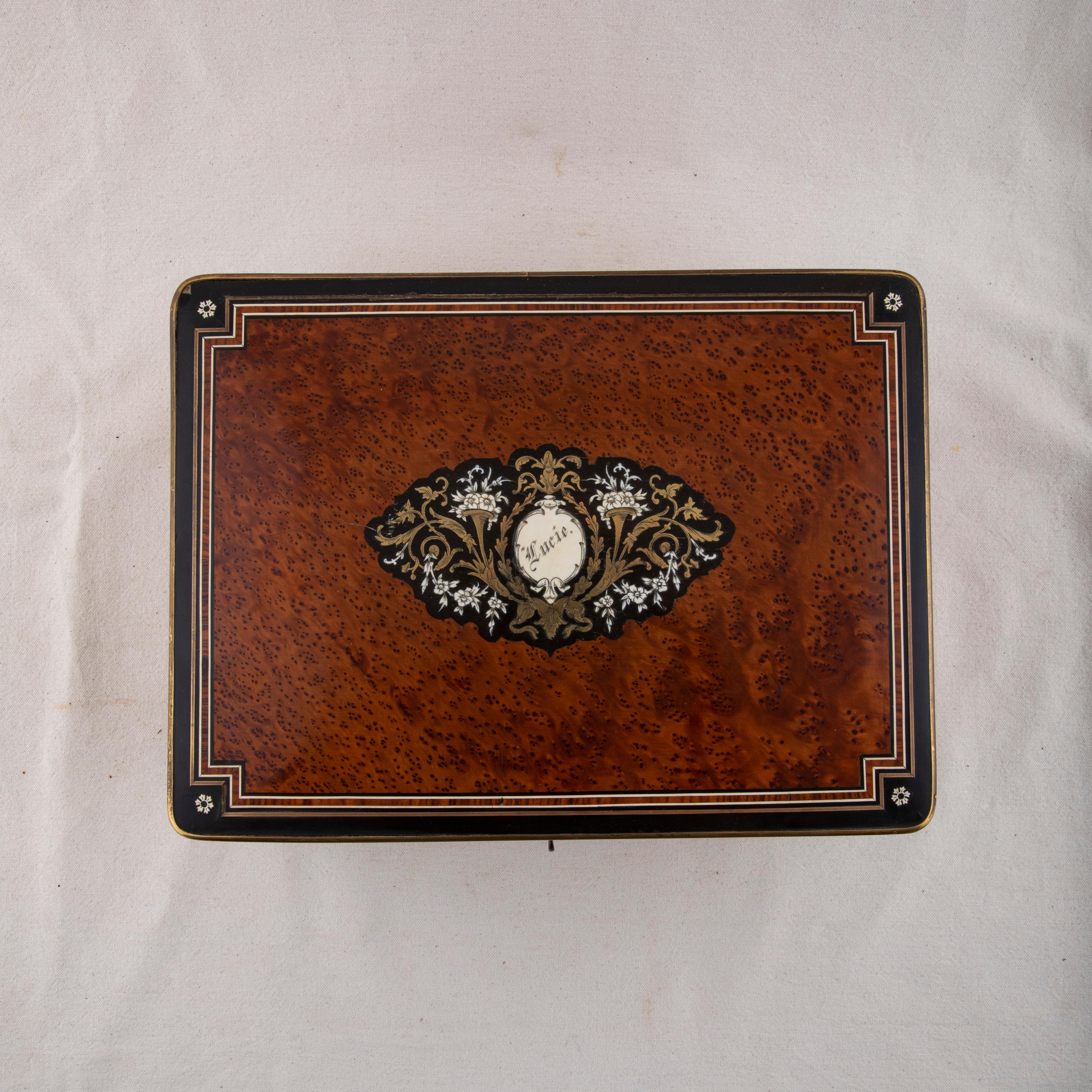 Large 19th Century French Napoleon III Marquetry Jewelry Box, Marked Lucie For Sale 4