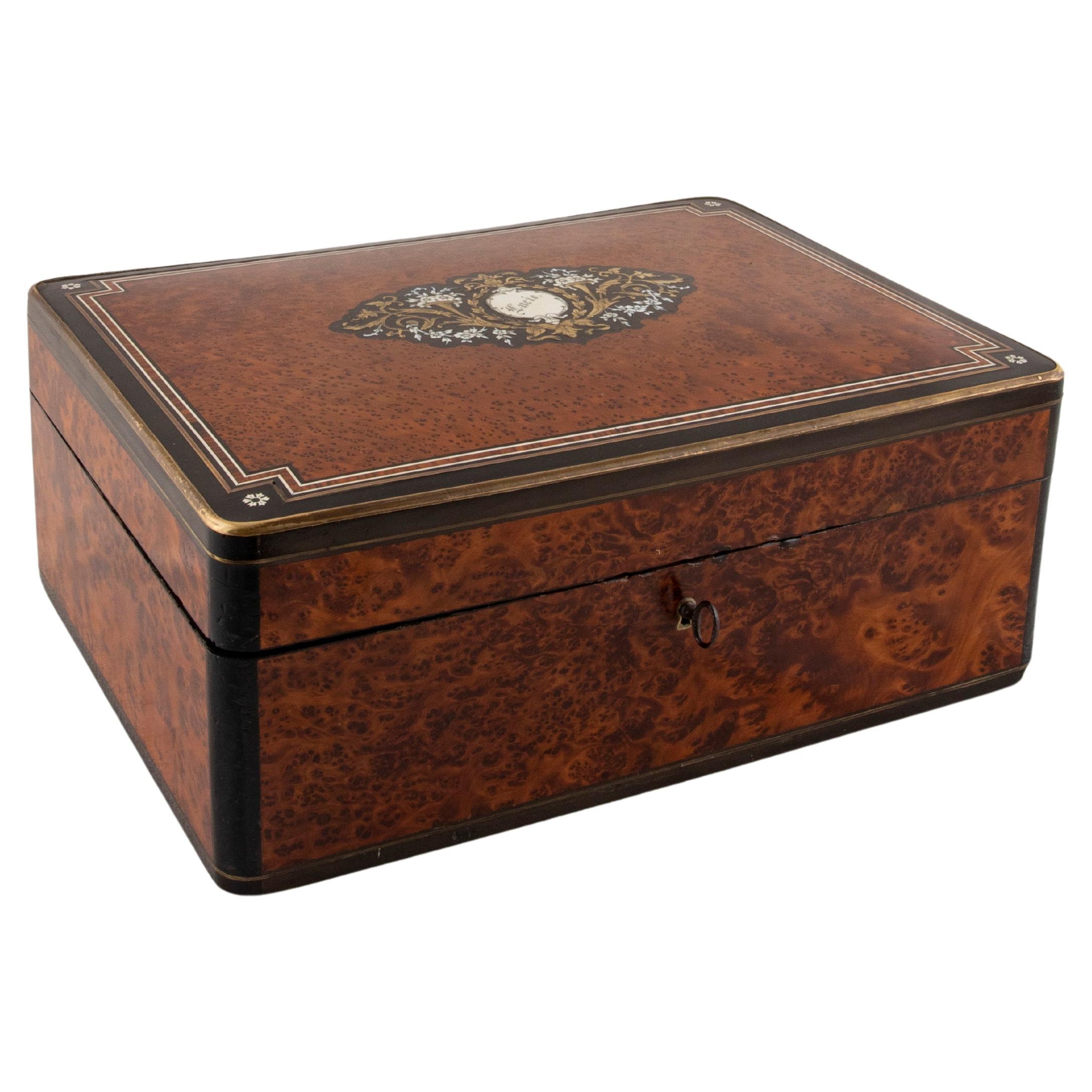 Large 19th Century French Napoleon III Marquetry Jewelry Box, Marked Lucie For Sale