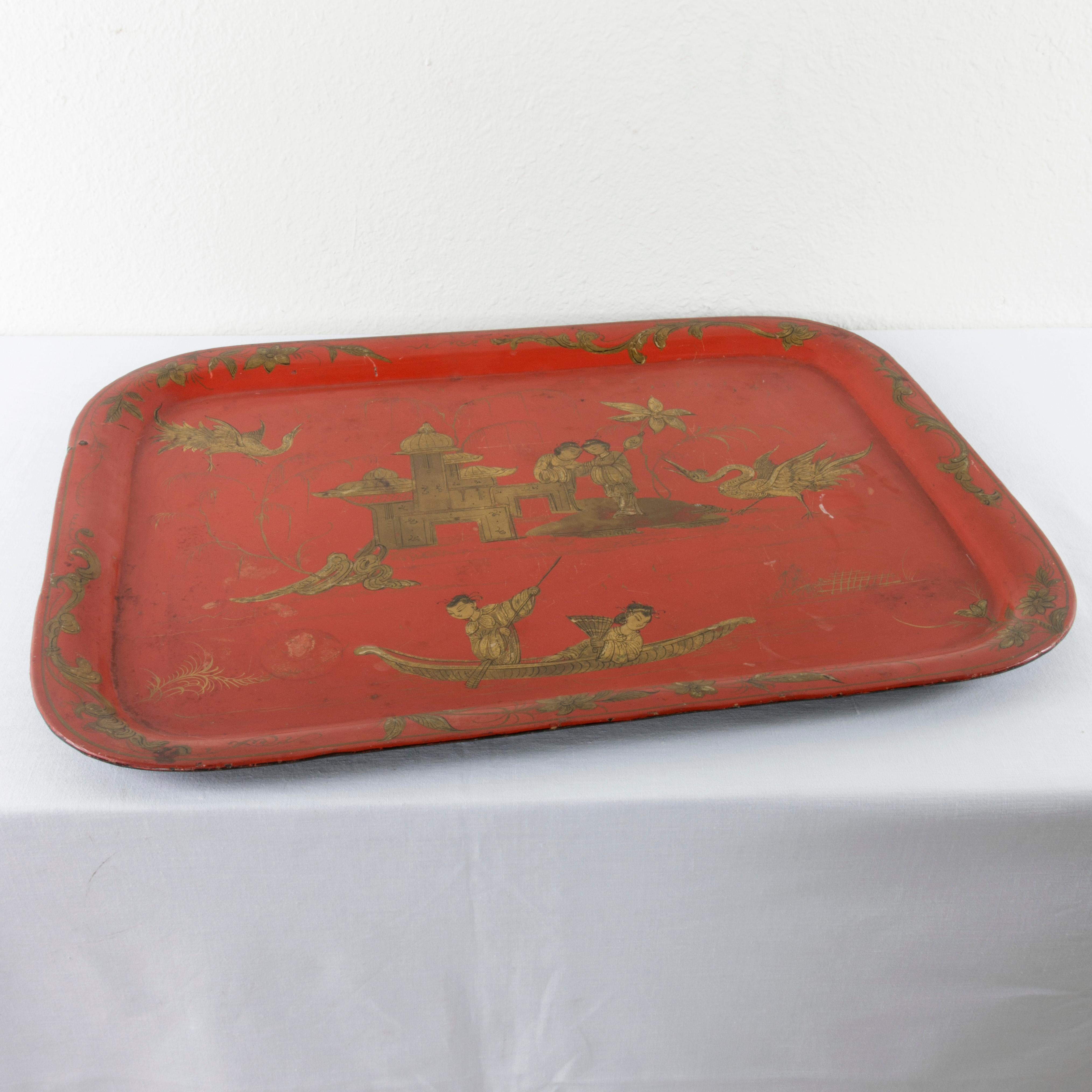 Hand-Painted Large 19th Century French Napoleon III Period Red Tole Tray with Chinoiserie