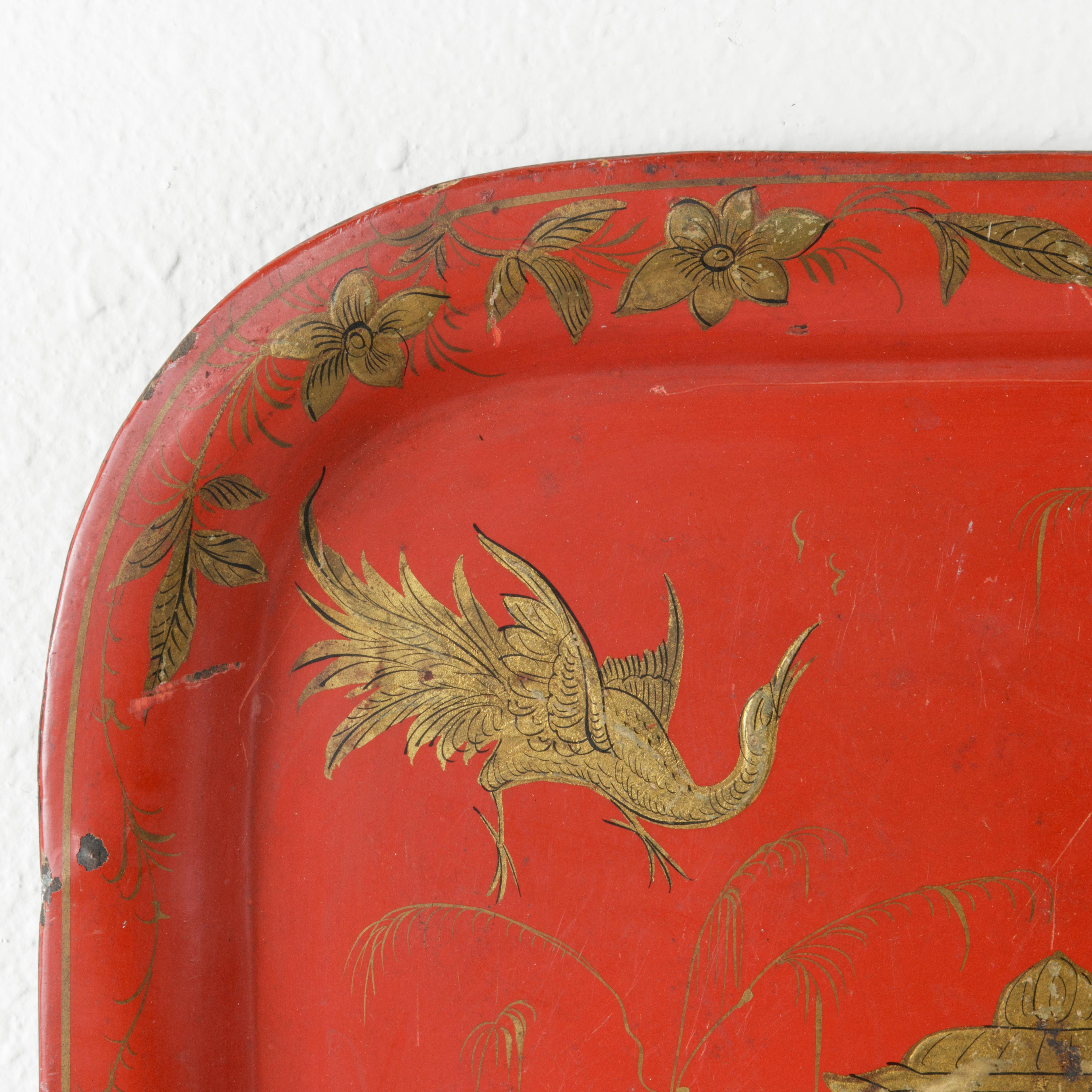 Large 19th Century French Napoleon III Period Red Tole Tray with Chinoiserie In Good Condition In Fayetteville, AR