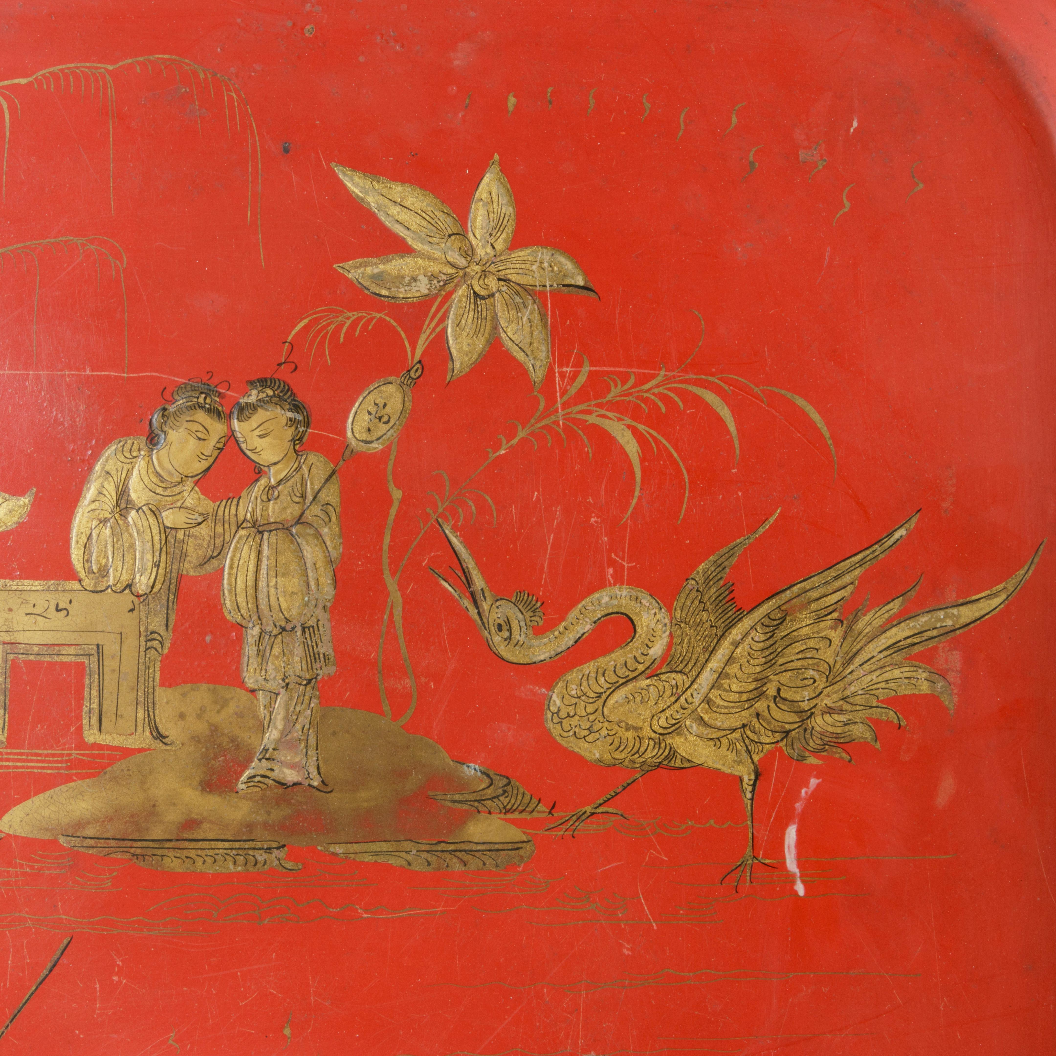 Metal Large 19th Century French Napoleon III Period Red Tole Tray with Chinoiserie