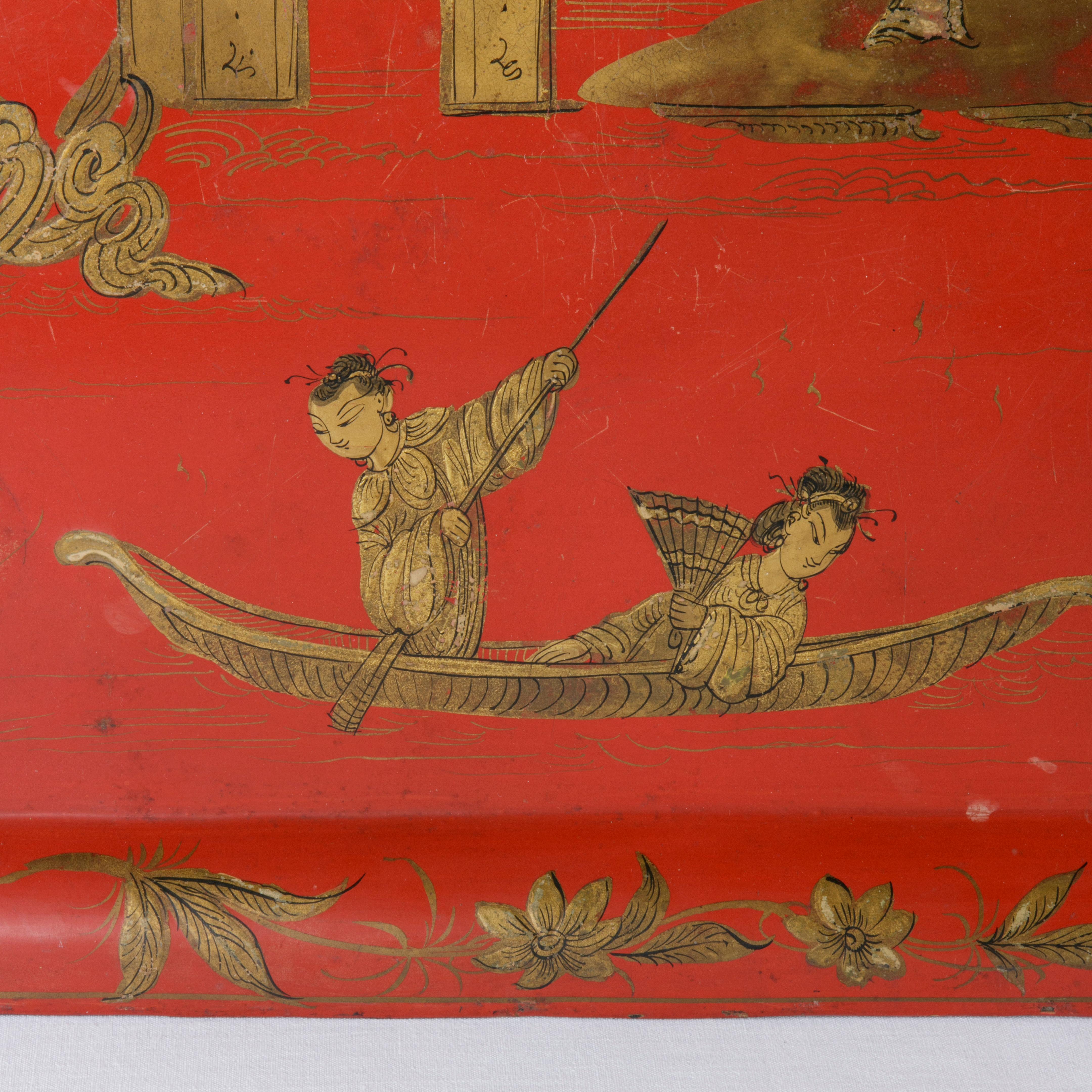 Large 19th Century French Napoleon III Period Red Tole Tray with Chinoiserie 1