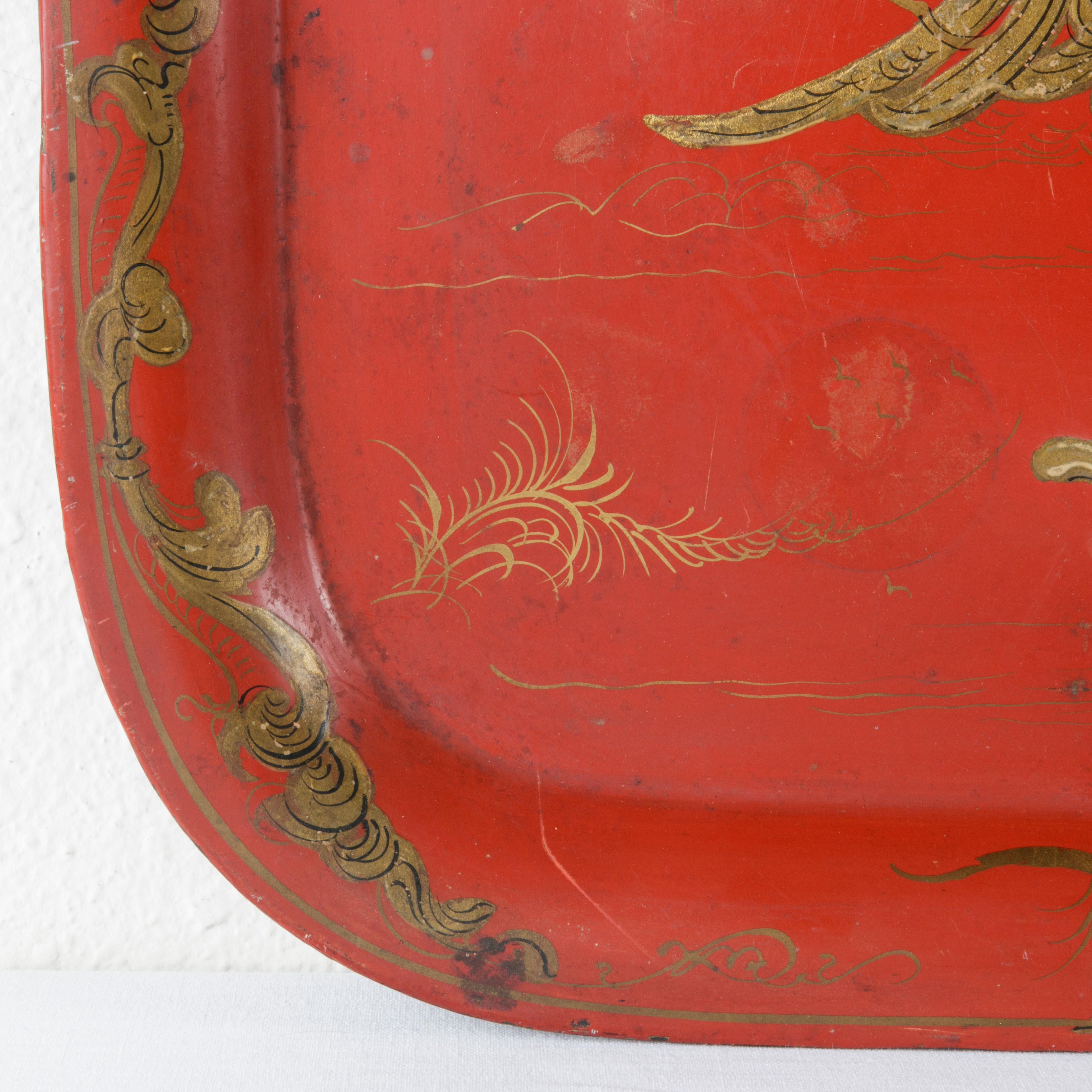 Large 19th Century French Napoleon III Period Red Tole Tray with Chinoiserie 2