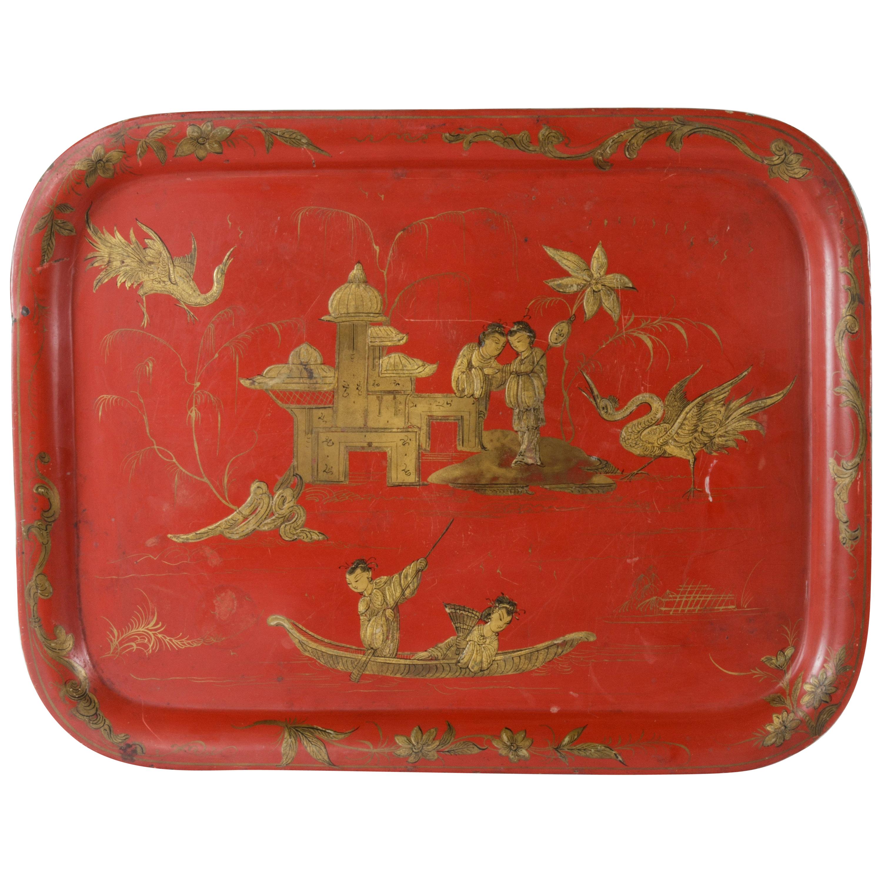 Large 19th Century French Napoleon III Period Red Tole Tray with Chinoiserie