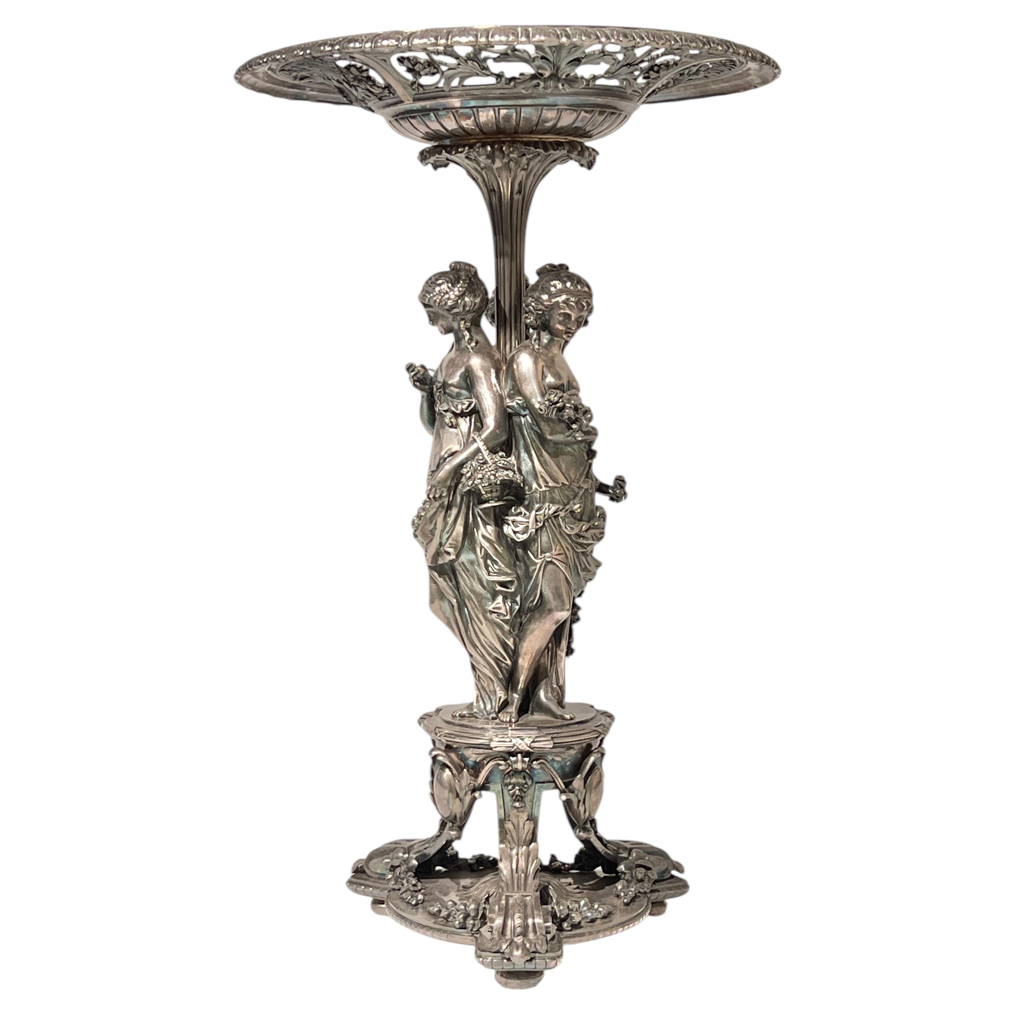 Large 19th Century French Neoclassical Silvered Bronze Centerpiece Bowl / Tazza