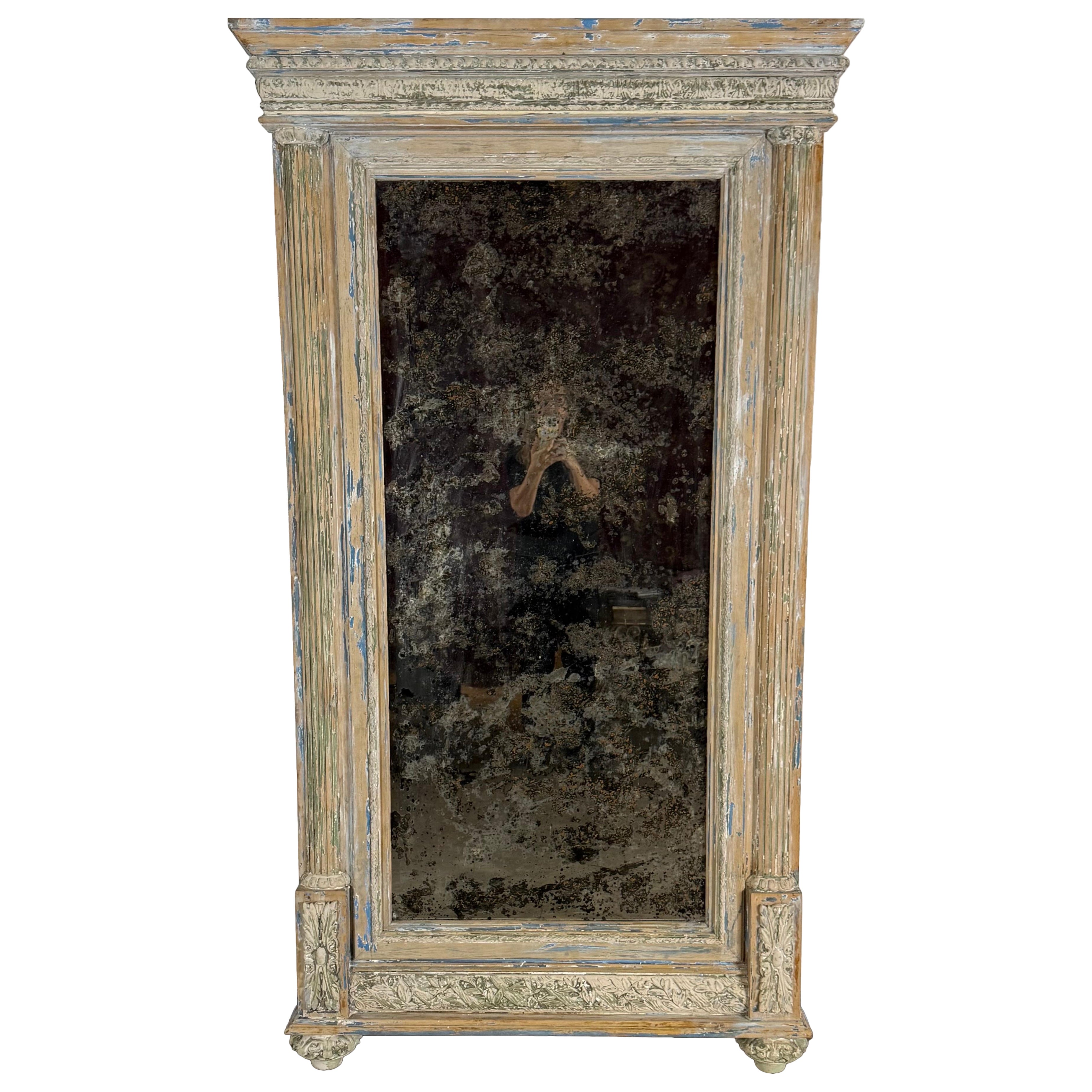 Large 19th Century French Neoclassical Trumeau Mirror with Aged Painted Finish