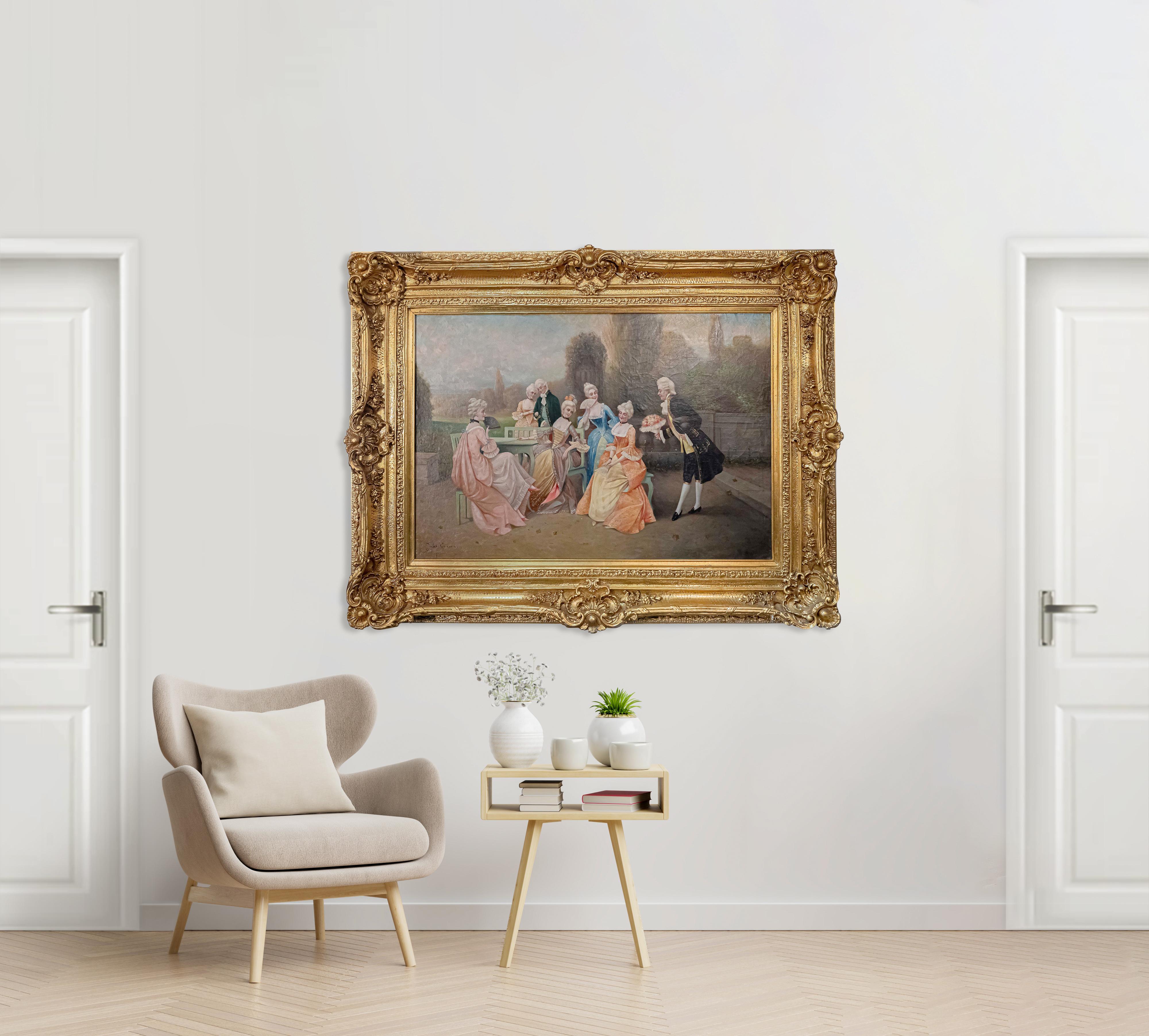 A 19th century French oil painting on canvas depicting classical figures in landscape, with a standing gentleman presenting bouquet of flowers to a sitting lady.

Signed: Jules Garson

Framed
Height: 44