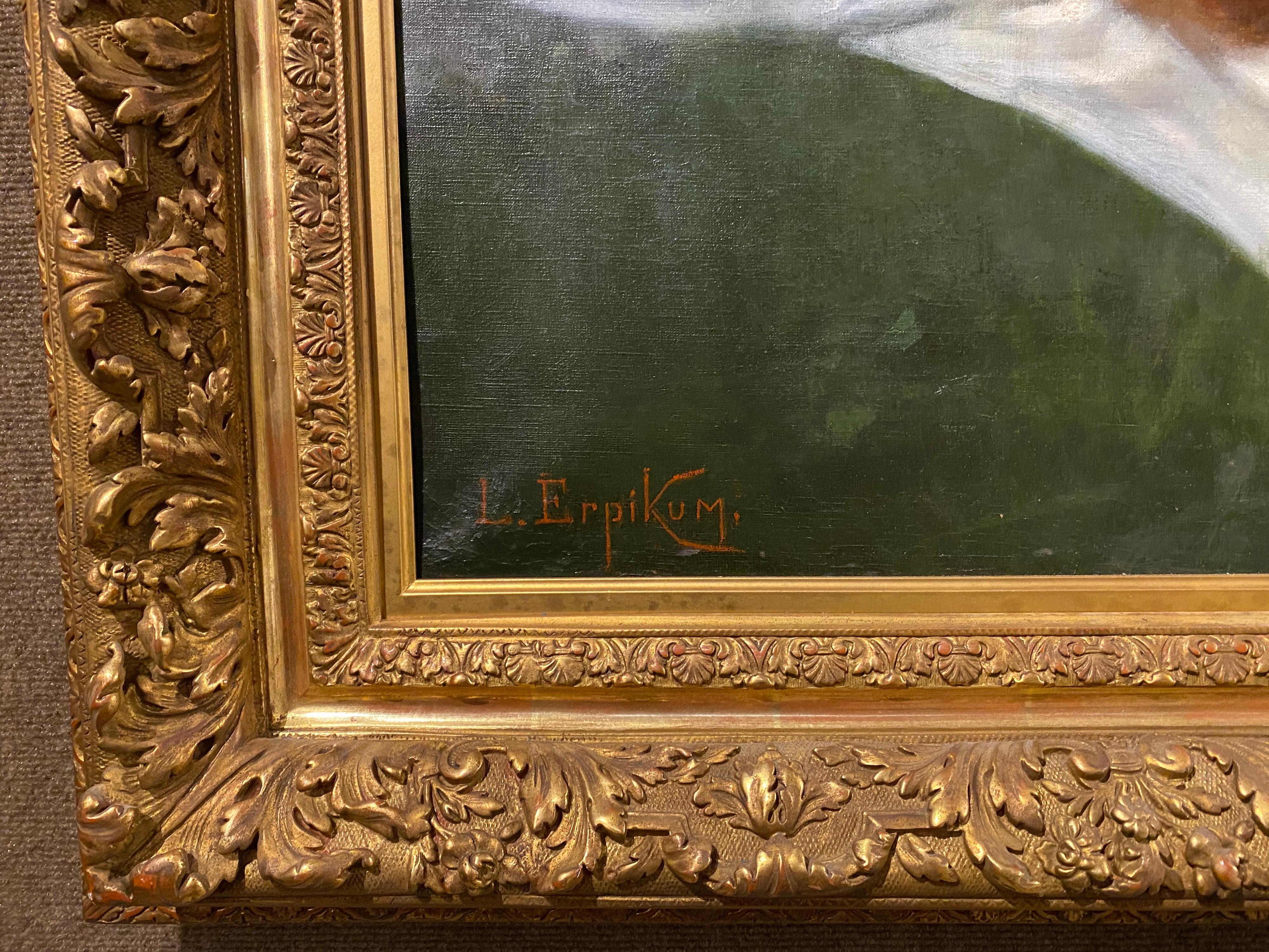 Large 19th century French oil on canvas nude by Leon Erpikum, in a heavy carved gilt wood frame. Signed on bottom left L. Erpikum & dated 1889 on bottom right, finely painted of a nude with long red hair laying on her drape. Laying in a 19th century