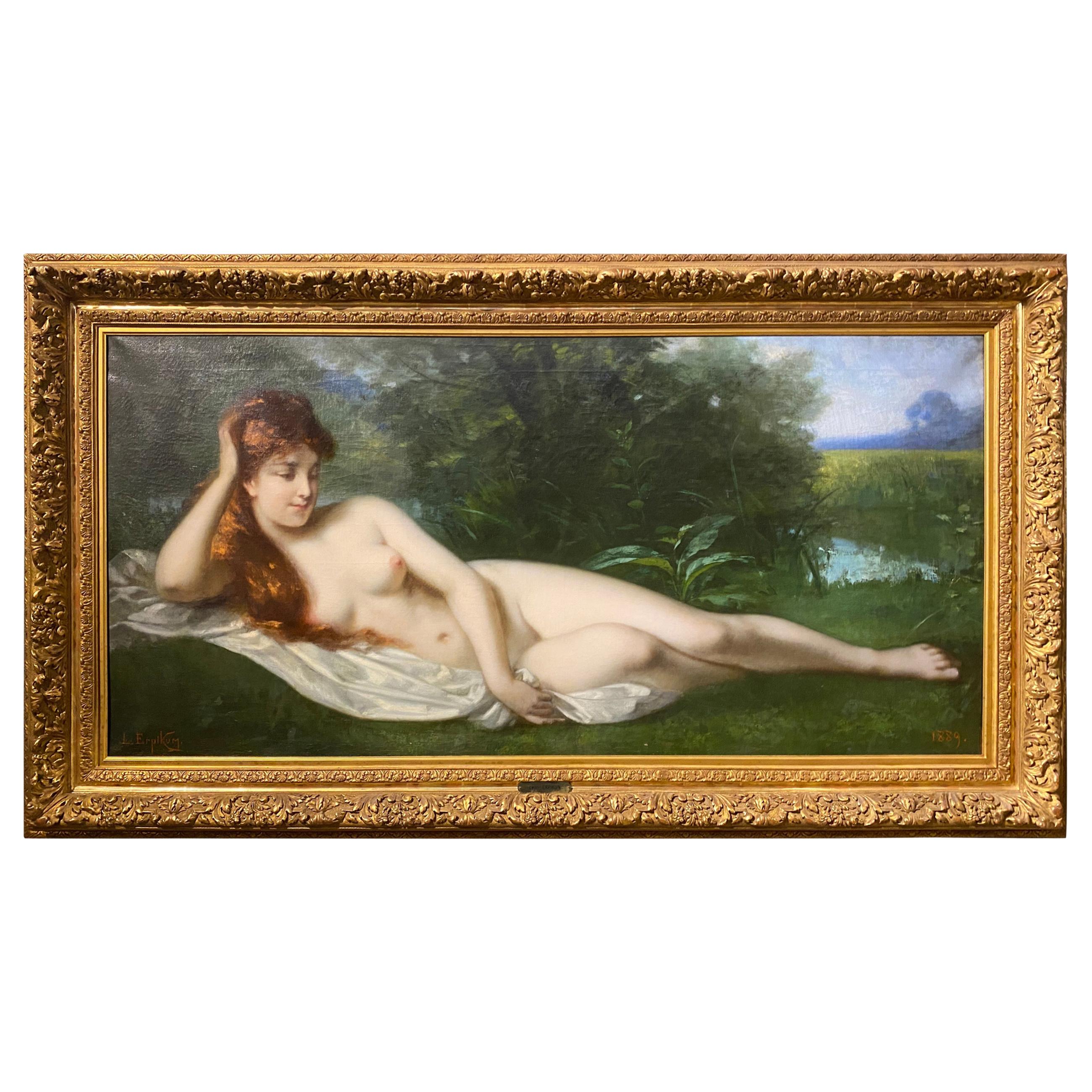 Gran óleo francés del siglo XIX sobre lienzo Desnudo de Leon Erpikum en venta
