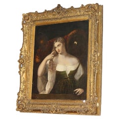 Large 19th Century French Oil on Canvas "Portrait of a Young Woman" Tiziano