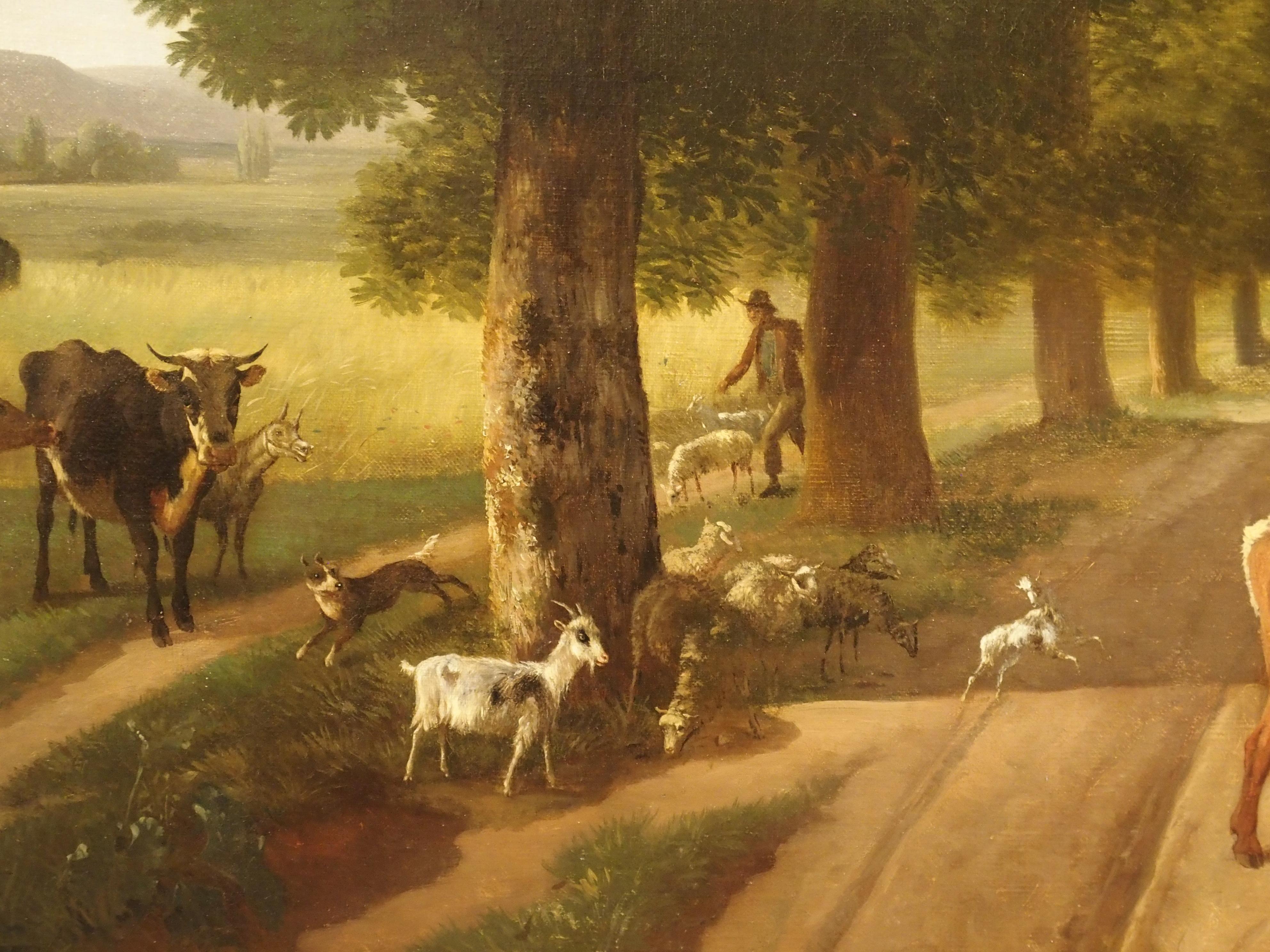 This large and colorful French oil on canvas painting from the 19th century is titled Le Retour a La Ferme, or “Return to the Farm”.

Rural life is the theme of this quaint pastoral scene. A row of trees lines a cobblestoned street outside of a
