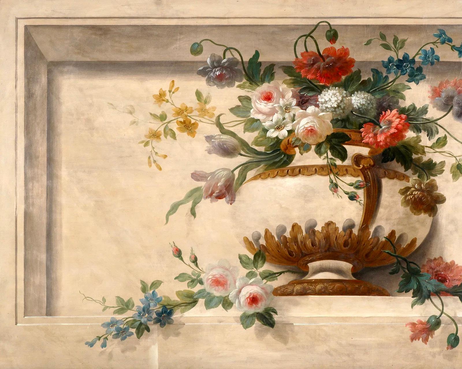 19th Century French Overdoor Oil On Canvas Painting, Still Life Featuring Flowers. Wonderfully large still life of urns full of flowers in recessed wall. These types of paintings were often designed to adorn magnificent French interiors, over the